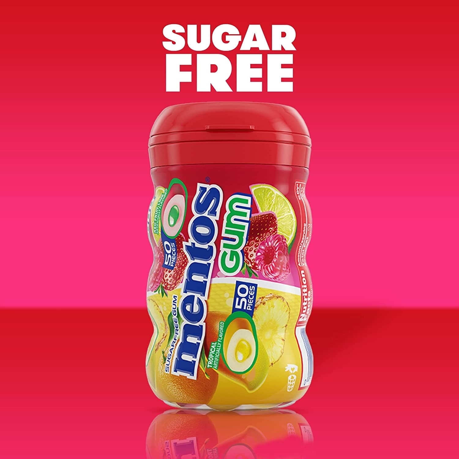 Mentos Gum Sugar-Free Tropical Red Fruit Lime Chewing Gum, 50 Regular Size Pieces, Bottle, Pack of 6 Mentos 