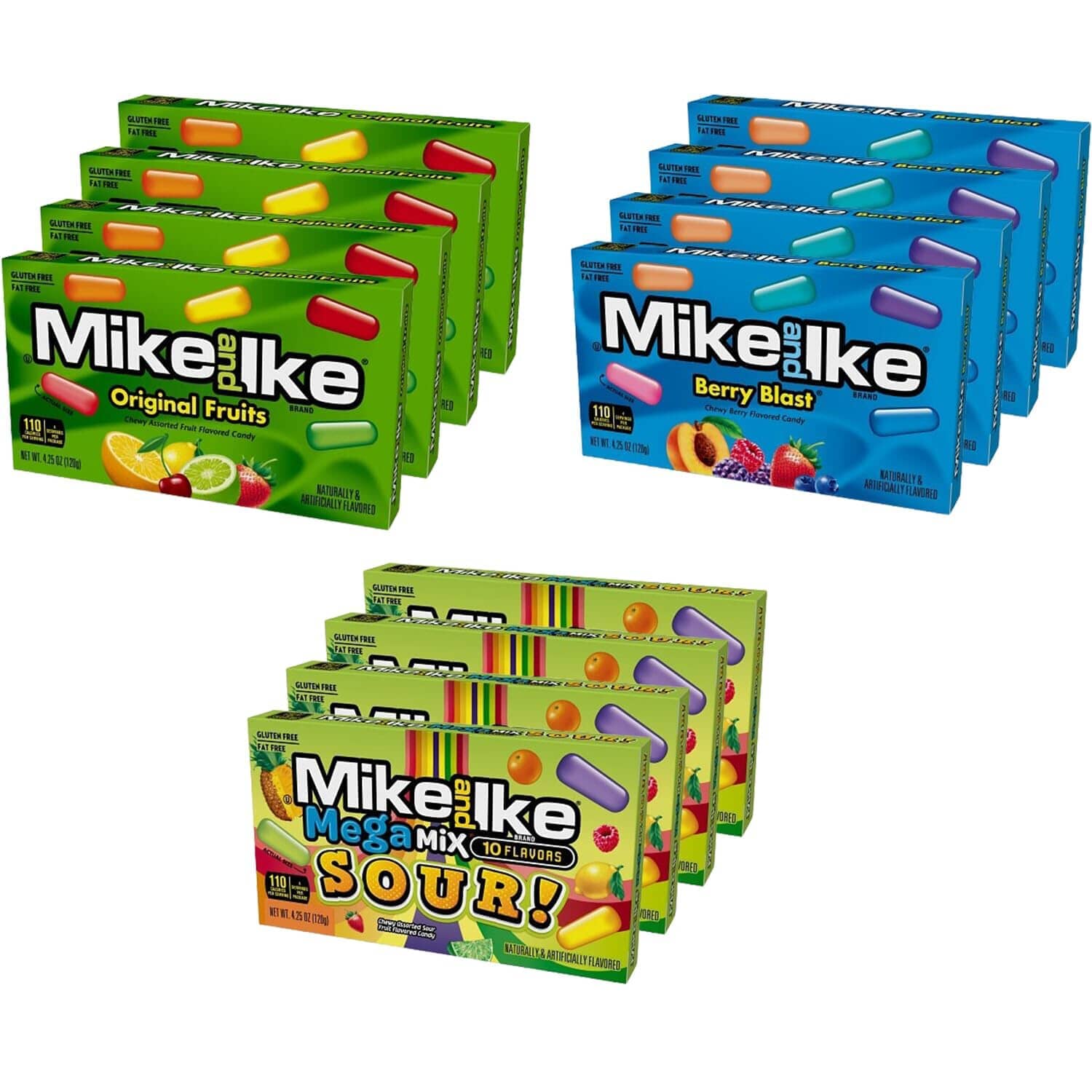 Mike & Ike Chewy Candy, Theater Box Variety Pack, 3 Flavors (Original, Sour, Berry), 4 Boxes each Flavor, 12 Boxes Total, 4.25 Ounce each Box Snackathon Original, Sour, Berry 12 Boxes 