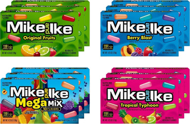 Mike & Ike Chewy Candy, Theater Box Variety Pack, 4 Flavors (Original, Mega, Tropical, Berry), 3 Boxes each Flavor, 12 Boxes Total, 4.25 Ounce each Box Snackathon Original, Mega, Tropical, Berry 12 Boxes 
