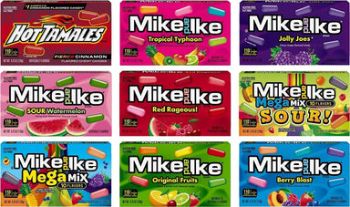 Mike & Ike Chewy Candy, Theater Box Variety Pack, 9 Flavors (Original, Mega, Tropical, Berry, Jolly, Red, Tamales, Mega Sour, Watermelon), 1 Box each Flavor, 9 Boxes Total, 4.25 Ounce each Box Snackathon 9 Flavors 9 Boxes 
