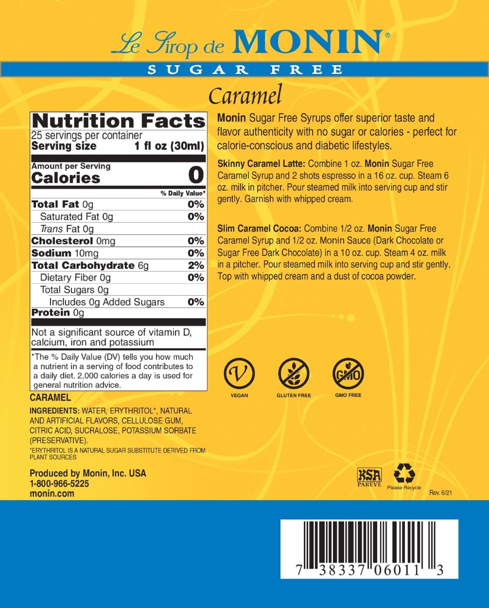 Monin Syrup - SUGAR FREE - Caramel Monini 