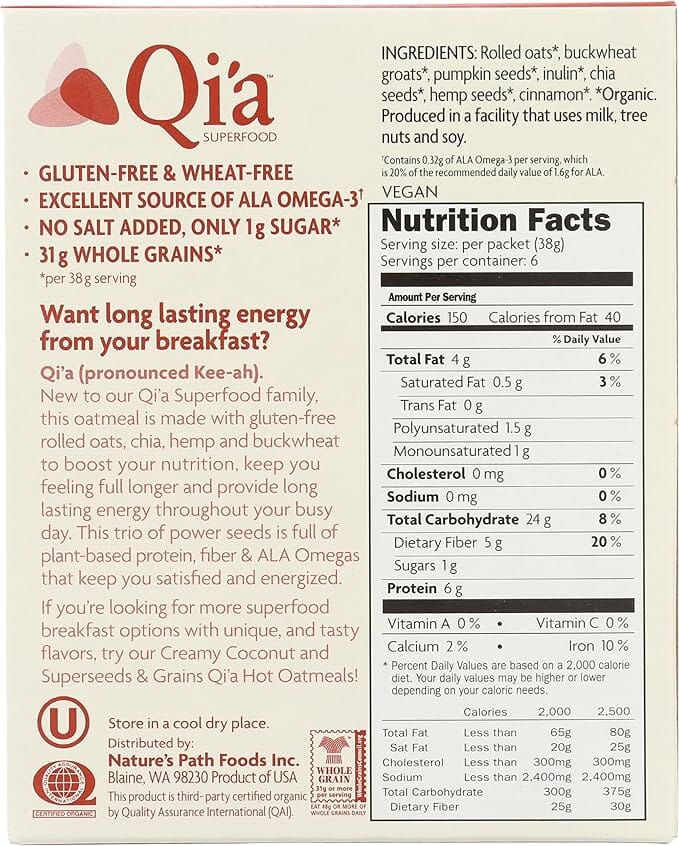 Qi’a Superfood Oatmeal, Gluten-Free Oats with Super Seeds & Grains, 6 Pack Box Qi'a 
