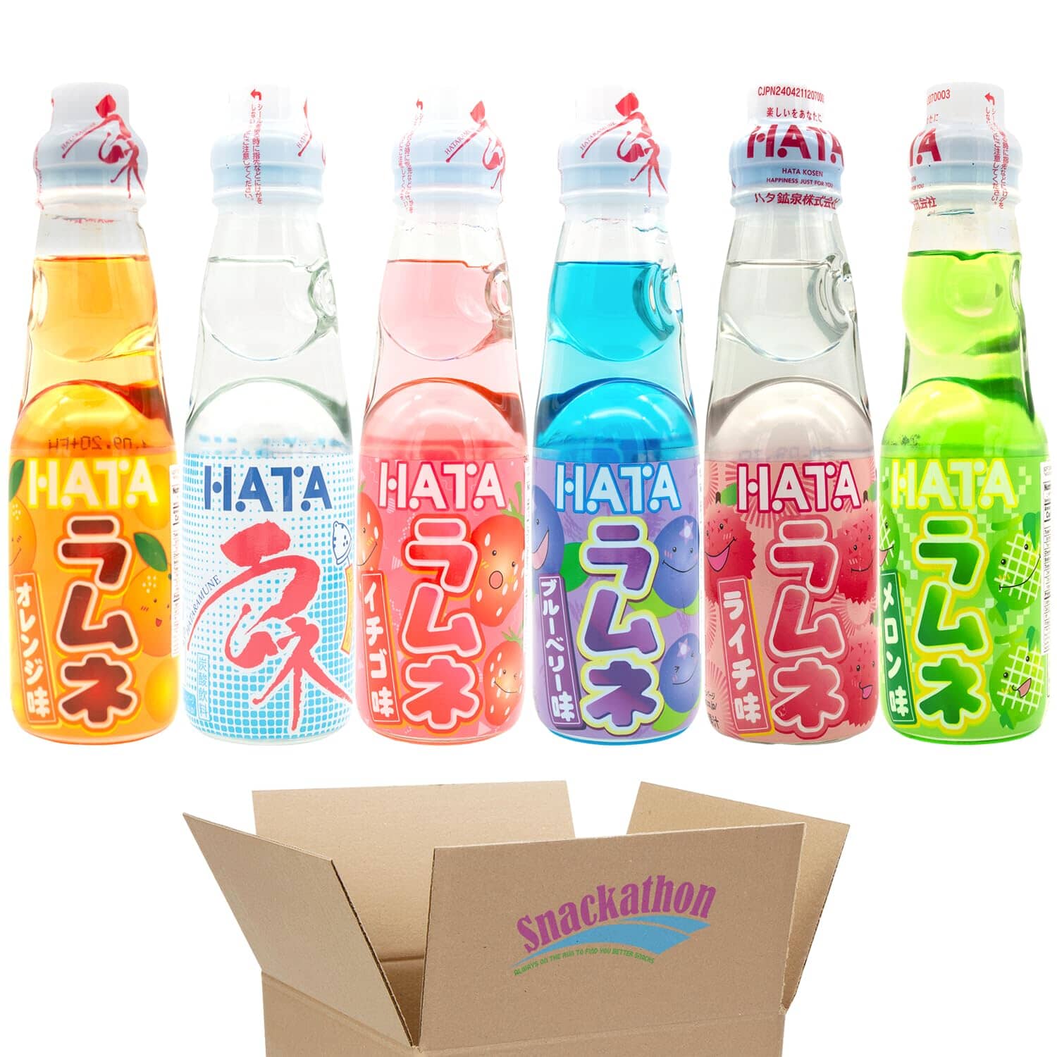 Ramune Japanese Soda, Variety Pack, 6 Marble Soda: Blueberry, Lychee, Original, Strawberry, Orange, Melon, 1 Each, 6.76 Fluid Ounce Snackathon 