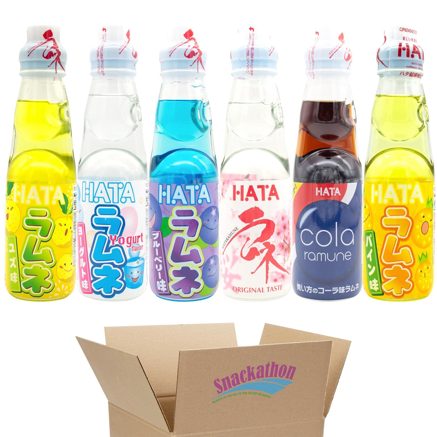 Ramune Japanese Soda, Variety Pack, 6 Marble Soda: Pineapple, Yuzu, Cola, Sakura, Blueberry, Yogurt, 1 Each, 6.76 Fluid Ounce Snackathon 