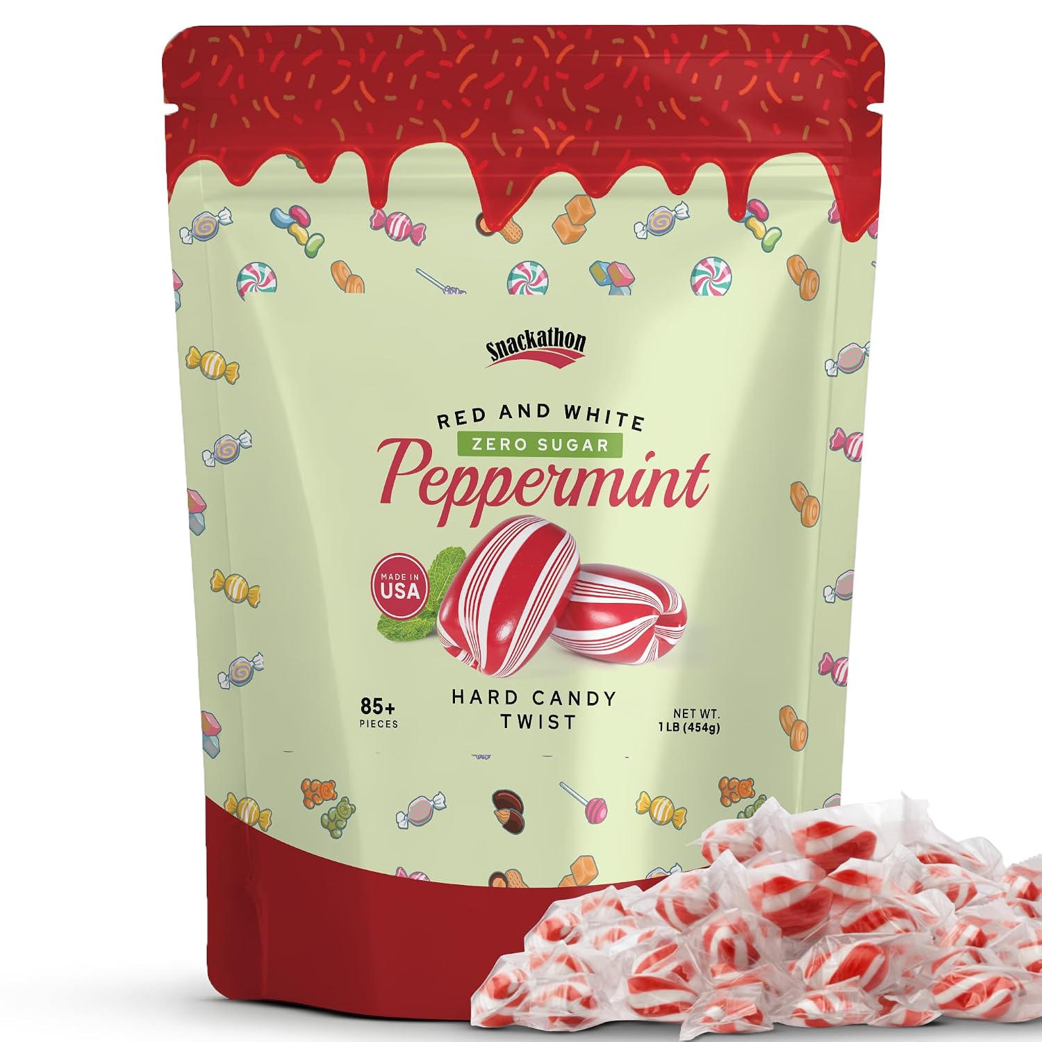 Snackathon Sugar-Free Cylinder-Shaped Twists Hard Candy, Red & White Peppermint Twists, 1 Pound