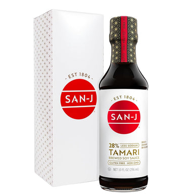 San-J Tamari Soy Sauce Wheat Free Less Sodium 10 Ounce Snackathon Foods 