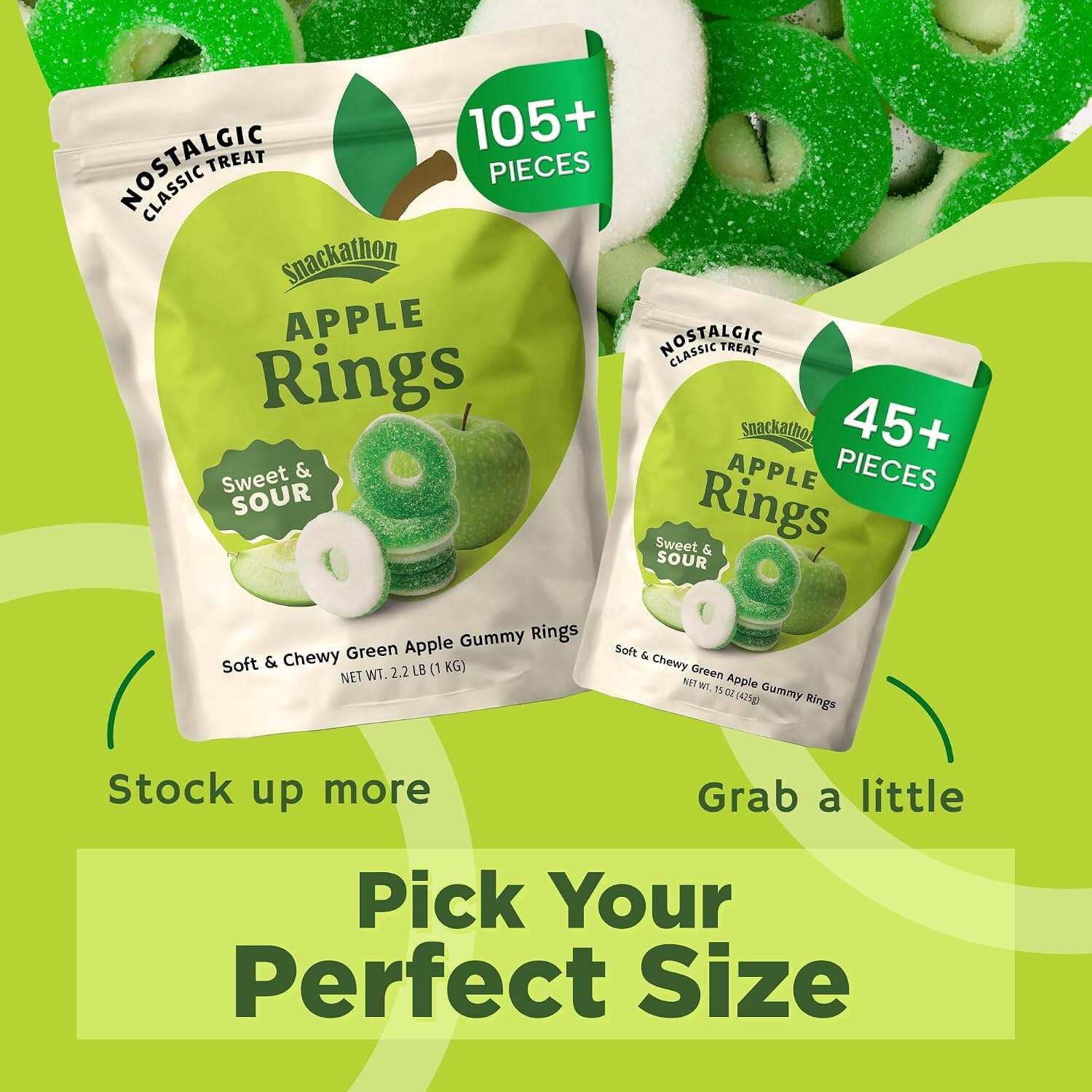 Snackathon Apple Rings Gummy Candy, Soft & Chewy Green Apple Gummies Snackathon 
