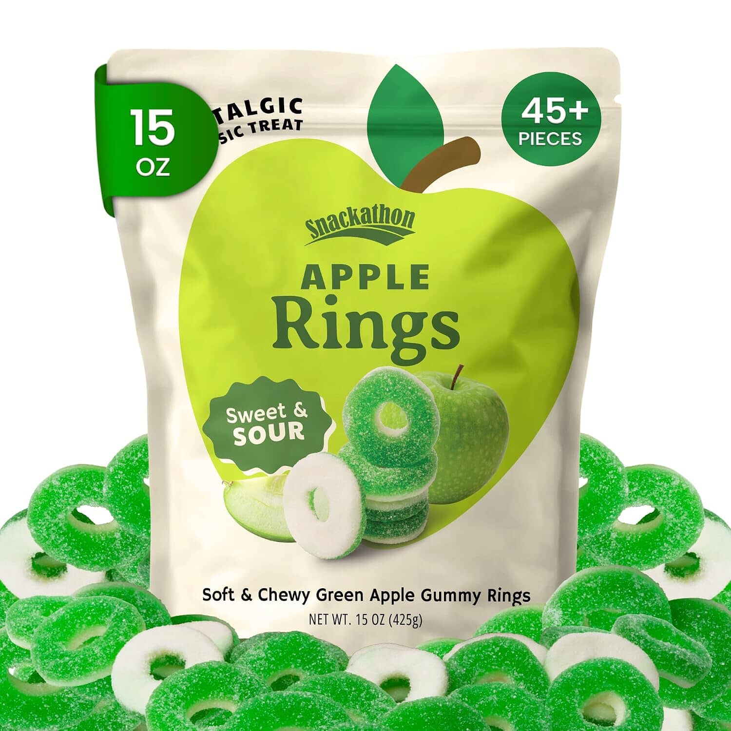 Snackathon Apple Rings Gummy Candy, Soft & Chewy Green Apple Gummies Snackathon Apple 15 Ounce 