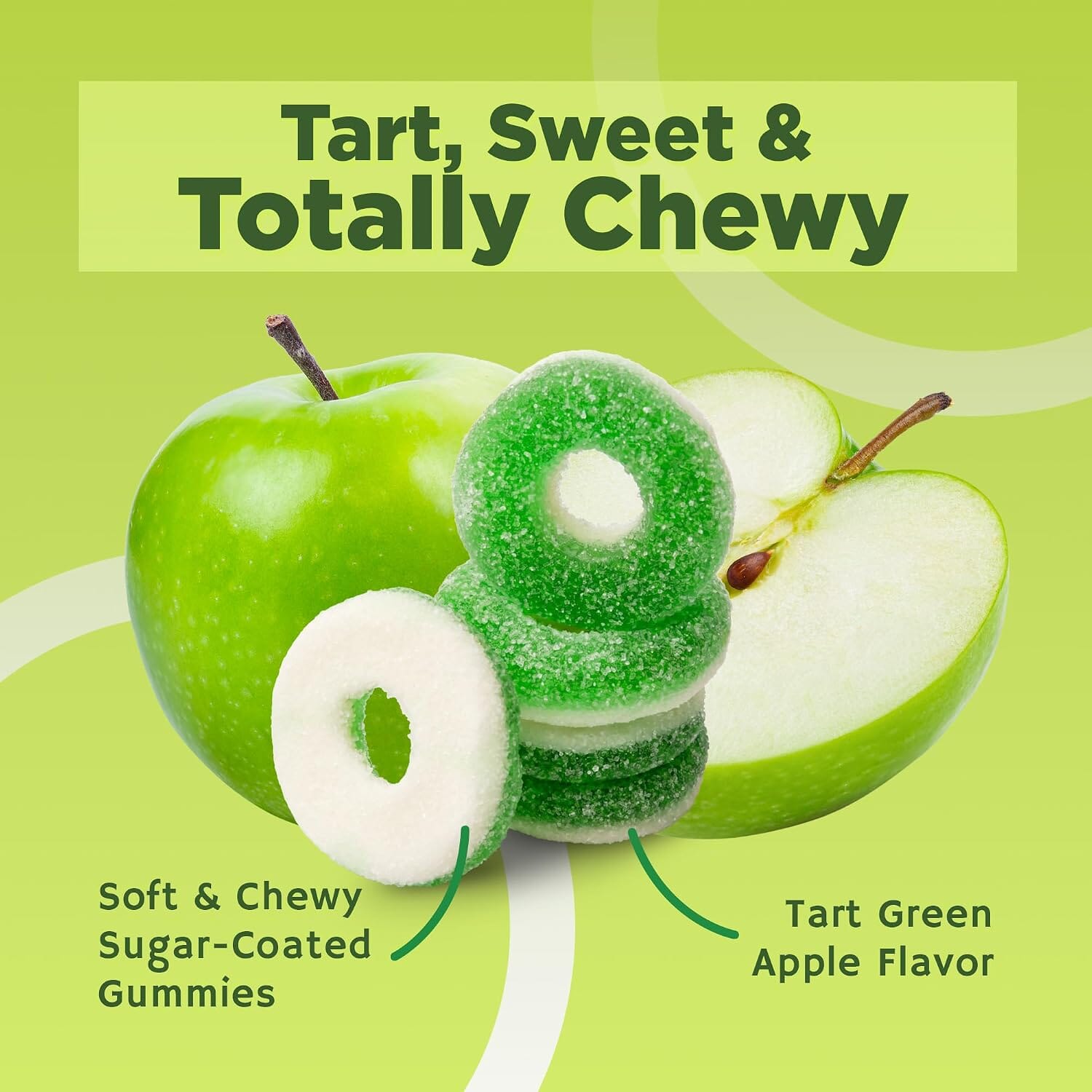 Snackathon Apple Rings Gummy Candy, Soft & Chewy Green Gummies, Resealable Bag, Classic Sweet & Sour Sugar-Coated Gummy Rings, Gluten-Free, For Chamoy Treats, Parties, Buffets & Snacking Snackathon 
