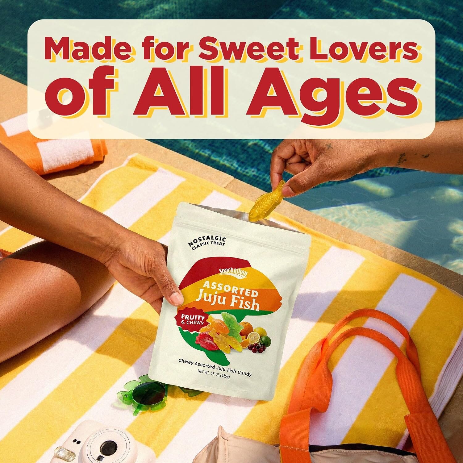 Snackathon Assorted Juju Fish Candy, 15 oz, Fun & Chewy Fruit Gummy Candy | Resealable Bag, Gummy Fish Juju Candies in Lime, Cherry, Orange, Lemon Flavors, Gelatin Free, Great for Parties & Sharing Snackathon 