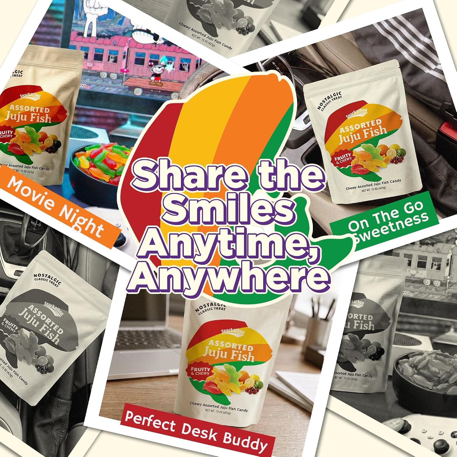 Snackathon Assorted Juju Fish Candy, Lime, Cherry, Orange & Lemon Flavors, 15 Ounce Snackathon 