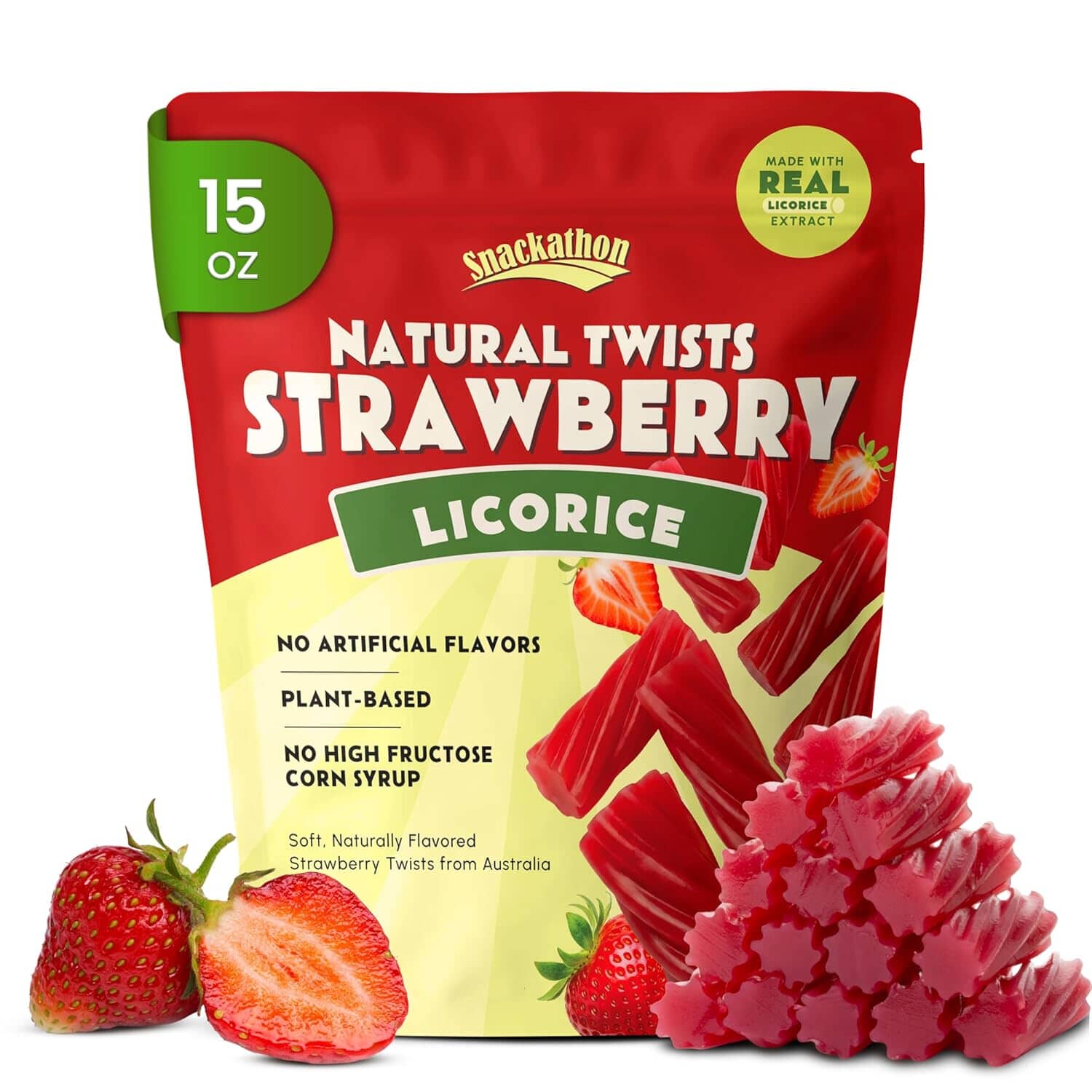 Snackathon Australian Licorice Candy, Natural Strawberry Twists, Resealable Bag, Soft & Chewy Classic Gourmet Licorice for Parties, Snacking & Candy Bowls, Made in Australia Snackathon Strawberry Twists 15 Ounce 