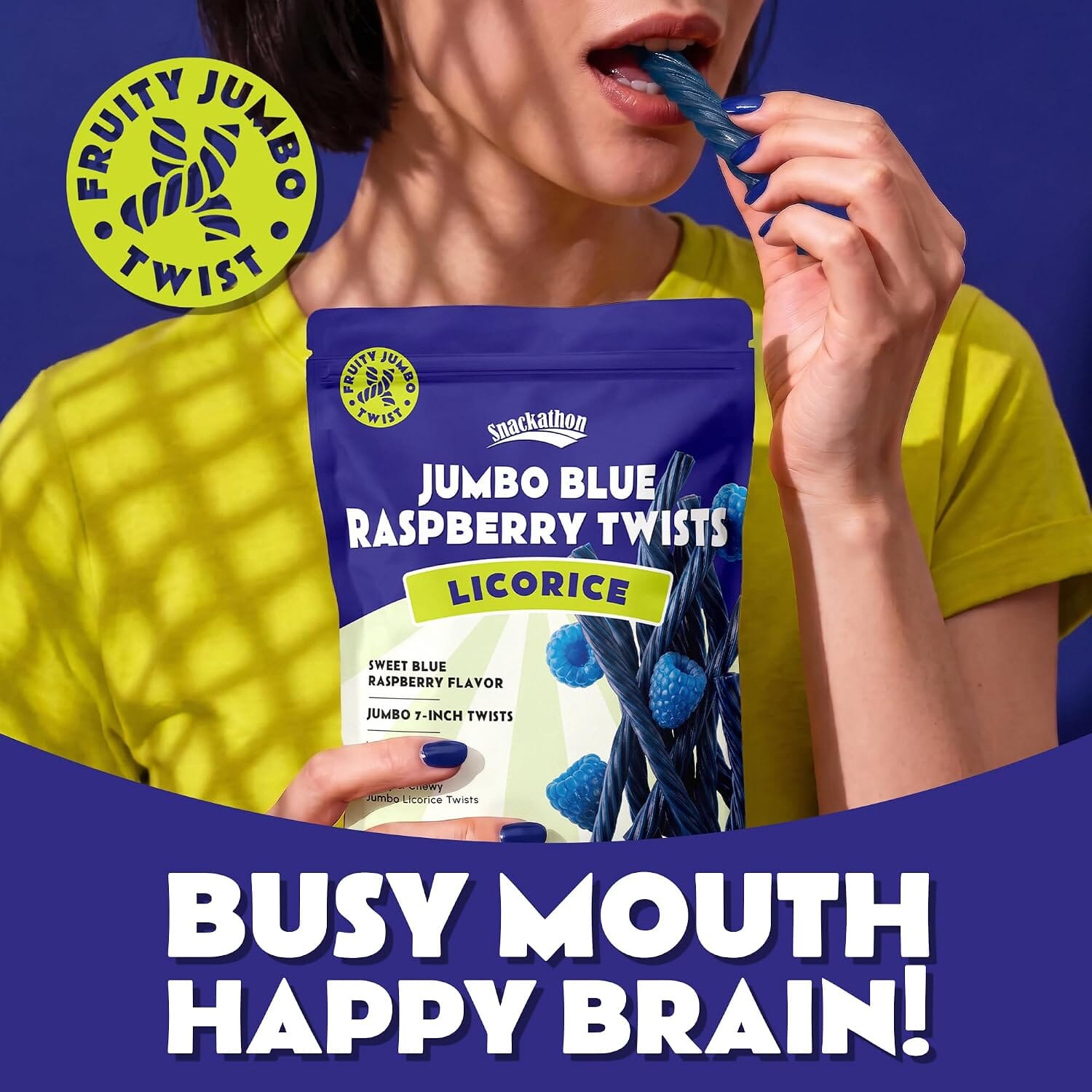 Snackathon Blue Raspberry Licorice Twists, 15.2 oz, Jumbo Licorice Candy, 7-inch Chewy Licorice Sticks, Fruity Blue Raspberry Flavor, Old Fashioned Fruit Twists, Made in USA, Resealable Bag Snackathon 