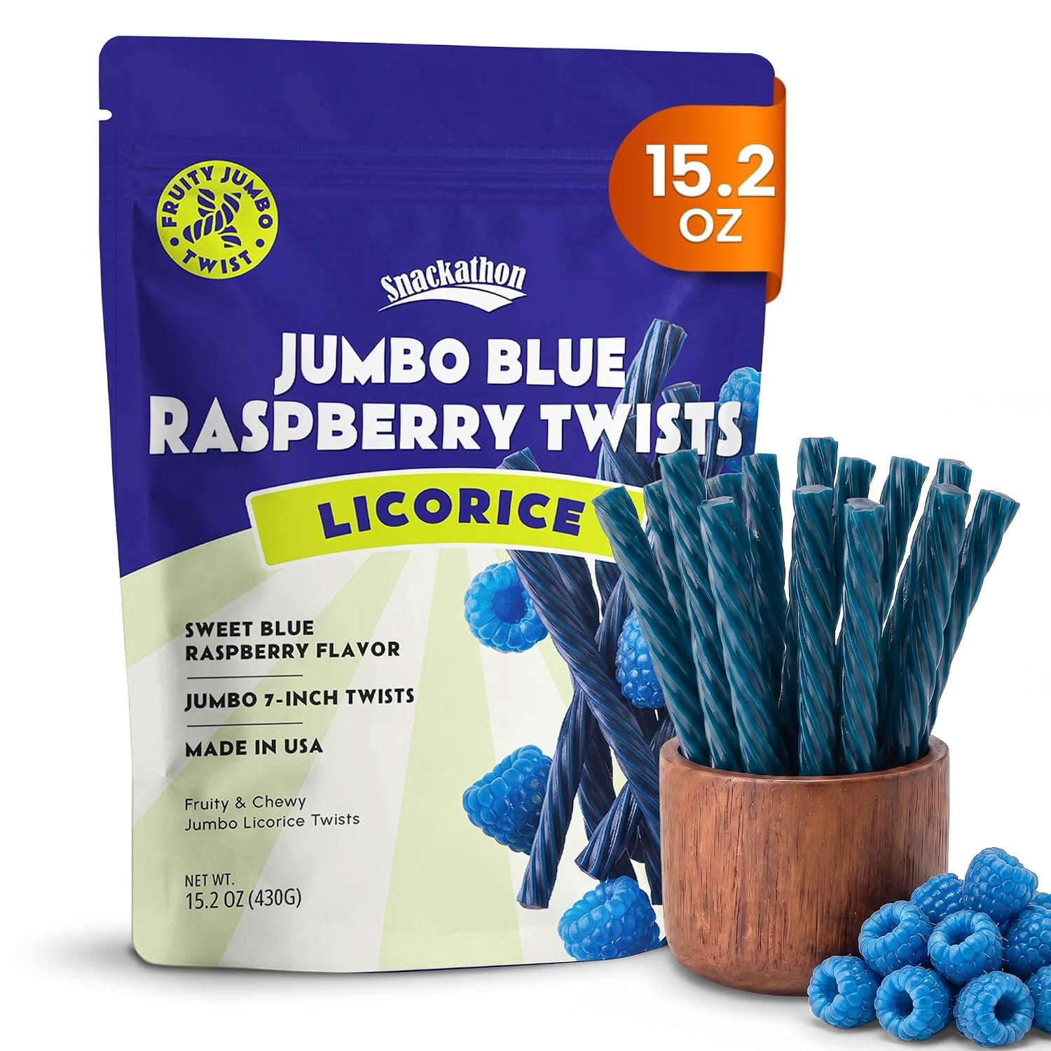 Snackathon Blue Raspberry Licorice Twists, 15.2 oz, Jumbo Licorice Candy, 7-inch Chewy Licorice Sticks, Fruity Blue Raspberry Flavor, Old Fashioned Fruit Twists, Made in USA, Resealable Bag Snackathon Jumbo Blue Raspberry 15.2 Ounce 