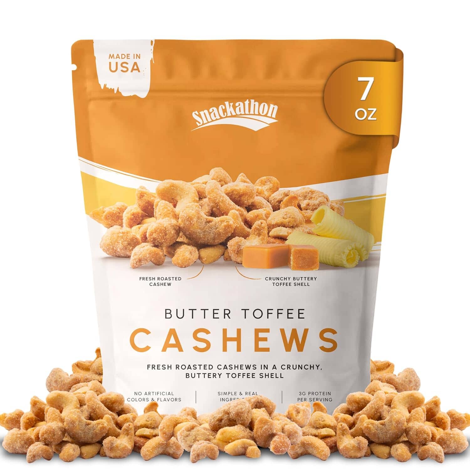 Snackathon Butter Toffee Cashews, Resealable Bag Snackathon Foods 7 Ounce 