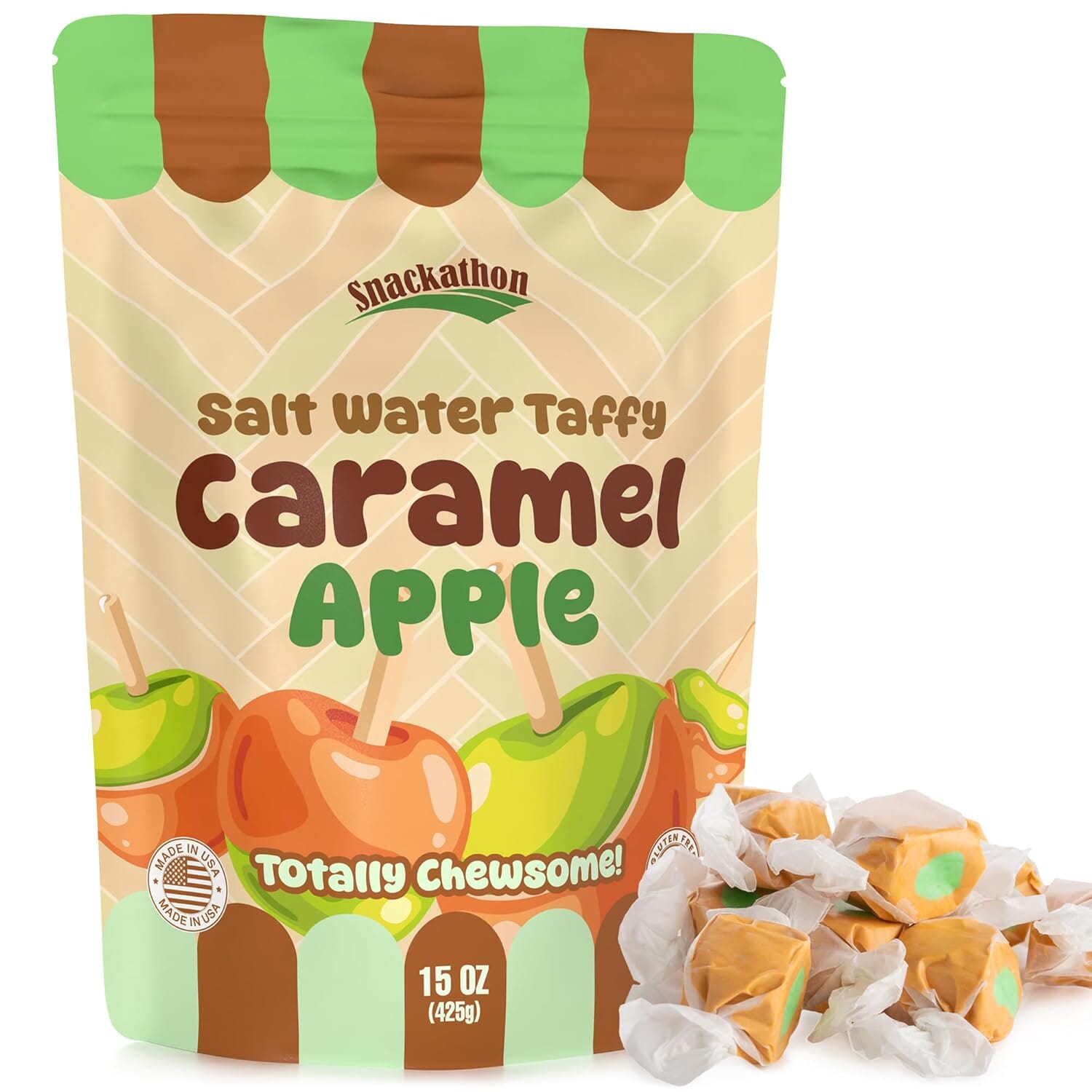 Snackathon Caramel Apple Salt Water Taffy – Soft & Chewy Gourmet Candy,15 oz Resealable Bag Snackathon Foods 