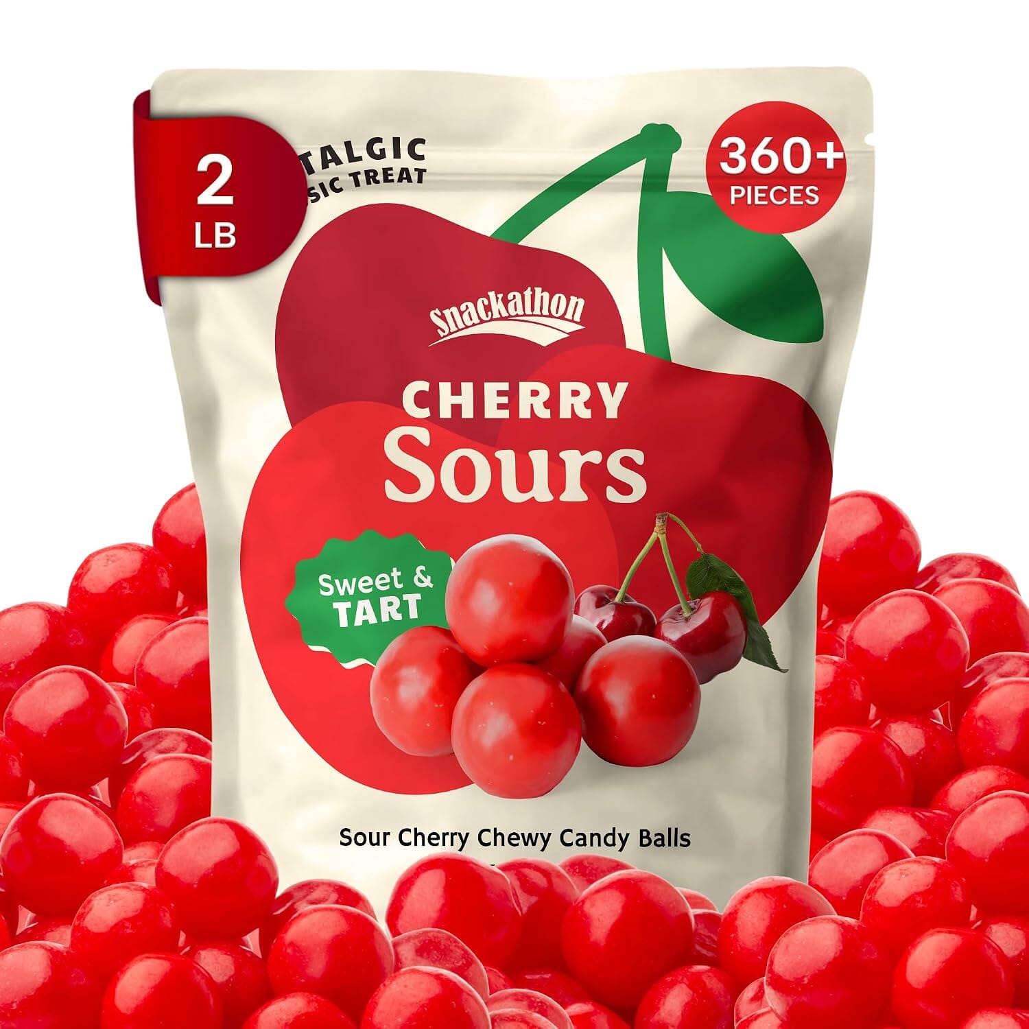 Snackathon Cherry Sours Candy, Bulk Old Fashioned Chewy Sour Cherry Balls, Retro Sweet & Tart Red Jelly Candy, Resealable Snack Bag Snackathon Cherry 2 Pound 