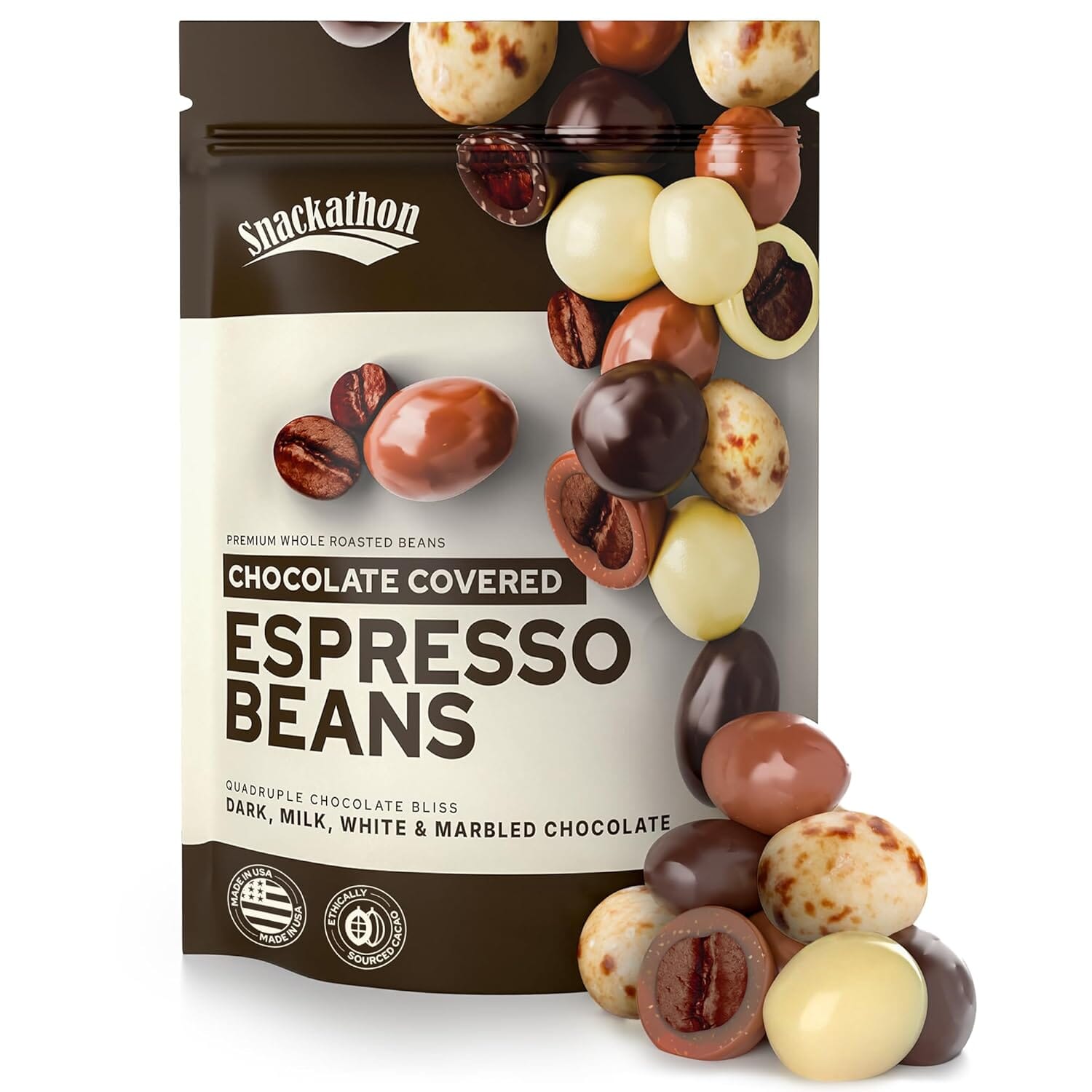 Snackathon Chocolate Covered Espresso Beans - 4 Chocolate Blend Snackathon 7 Ounce 