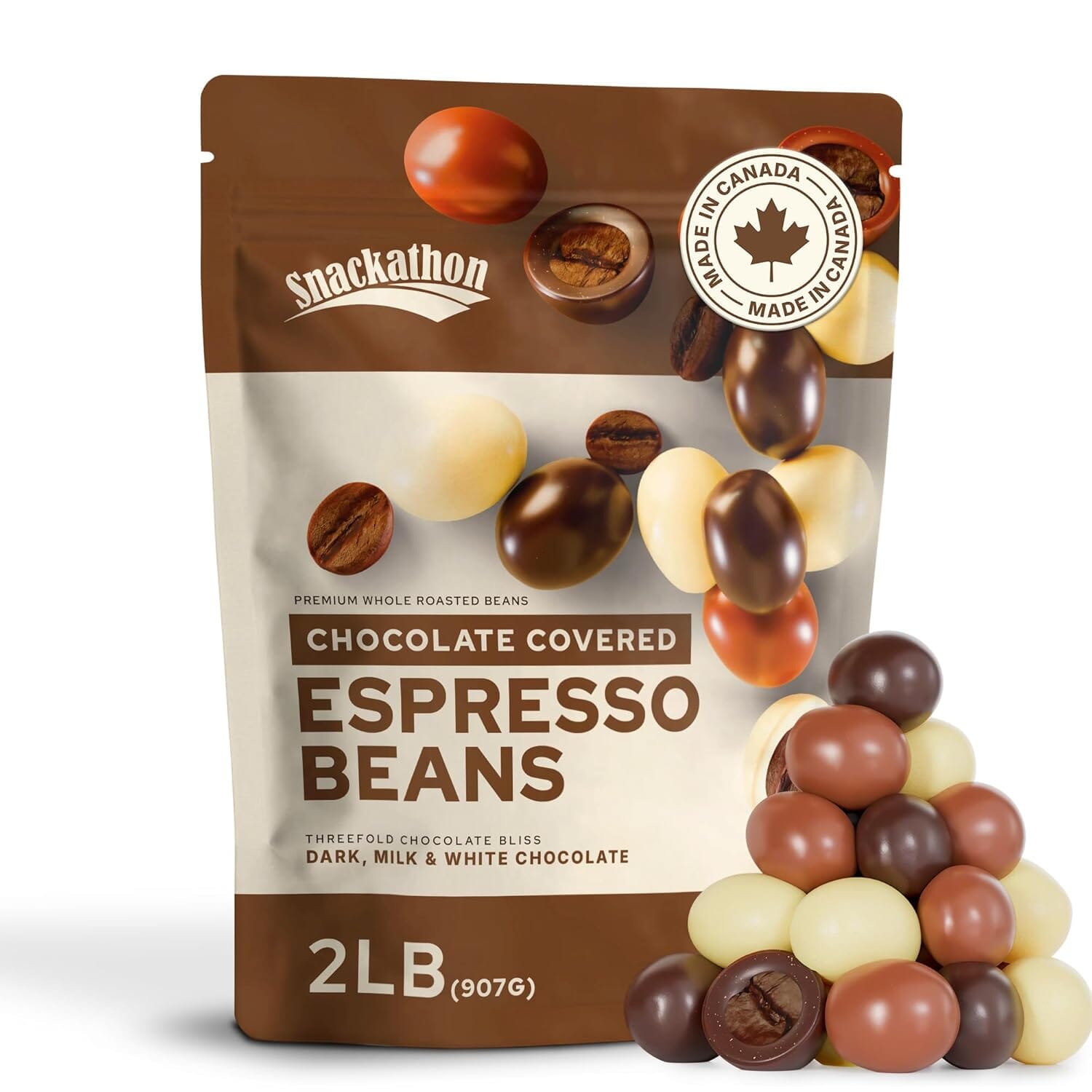 Snackathon Chocolate Covered Espresso Beans, Trio Blend (Dark, Milk & White), Bag Candy & Snacks Snackathon 2 Pound 
