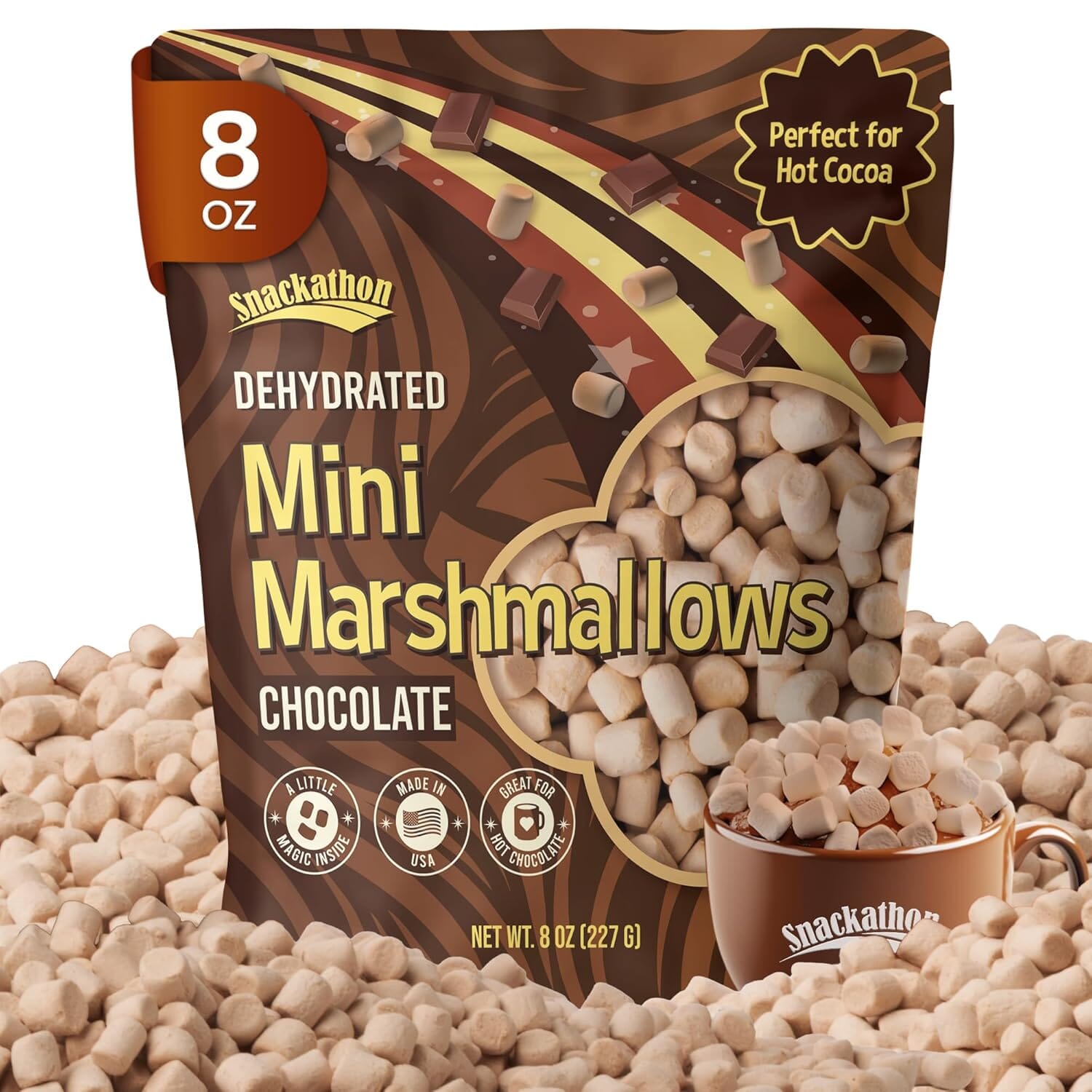 Snackathon Chocolate Mini Dehydrated Marshmallows – 8 oz Resealable Bag (Crunchy Topping for Hot Chocolate, Baking & Desserts) Snackathon 
