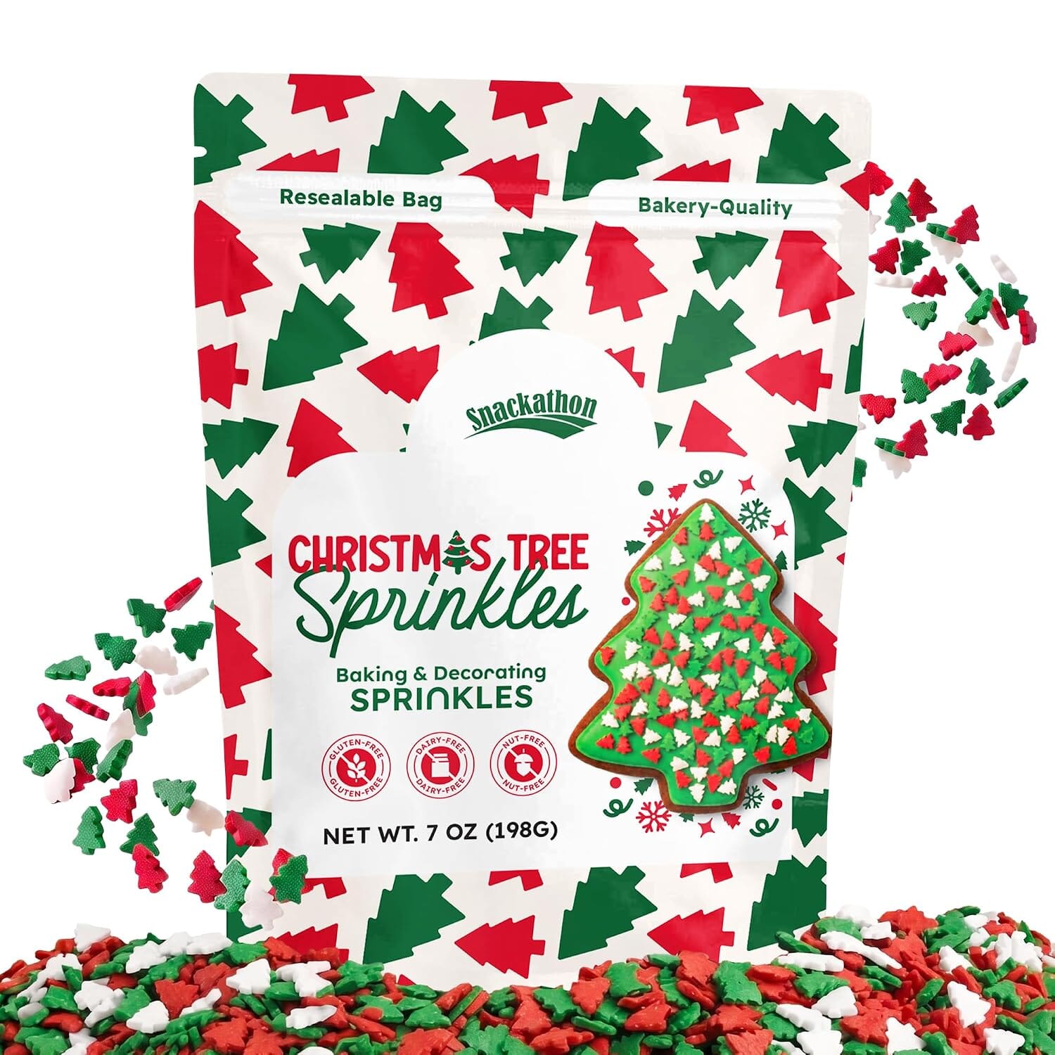 Snackathon Christmas Tree Sprinkles, Bulk Holiday Decor Sprinkles Festive Red, Green & White Tree Confetti Sprinkles, Gluten Free, For Holiday Baking Decorations, Cookie & Cupcake Toppers Snackathon Christmas Trees 7 Ounce 