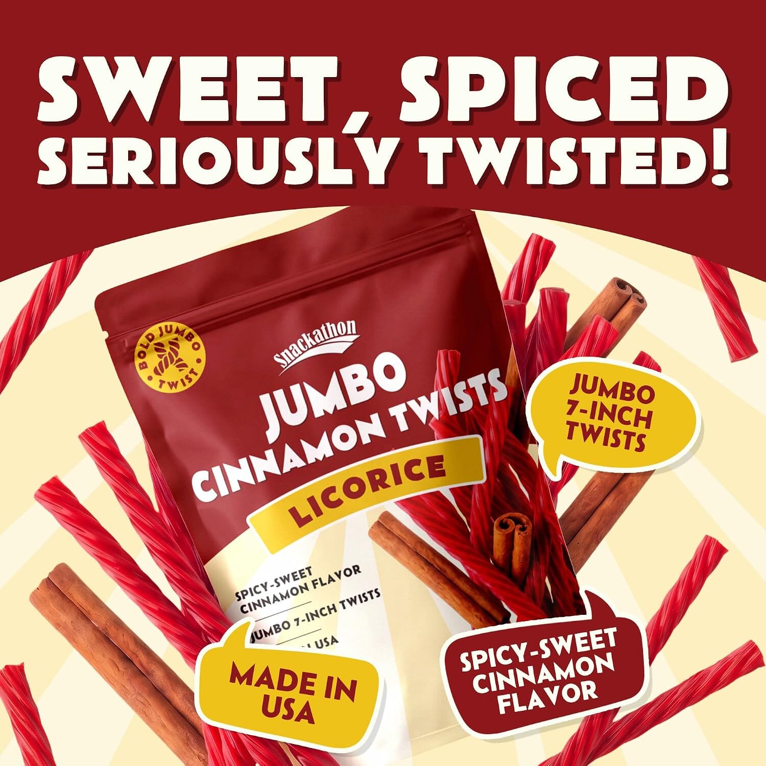 Snackathon Cinnamon Licorice Twists, 15.2 oz, Jumbo Chewy Licorice Candy, 7-inch Red Licorice Sticks, Warm Cinnamon Flavor, Old Fashioned Licorice Candy Ropes, Made in USA, Resealable Bag Snackathon 