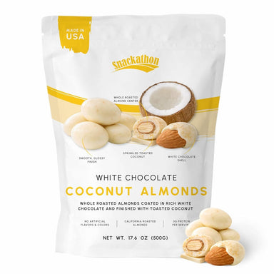 Snackathon Coconut White Chocolate Covered Almonds - Made in USA Snackathon 7 Ounce 