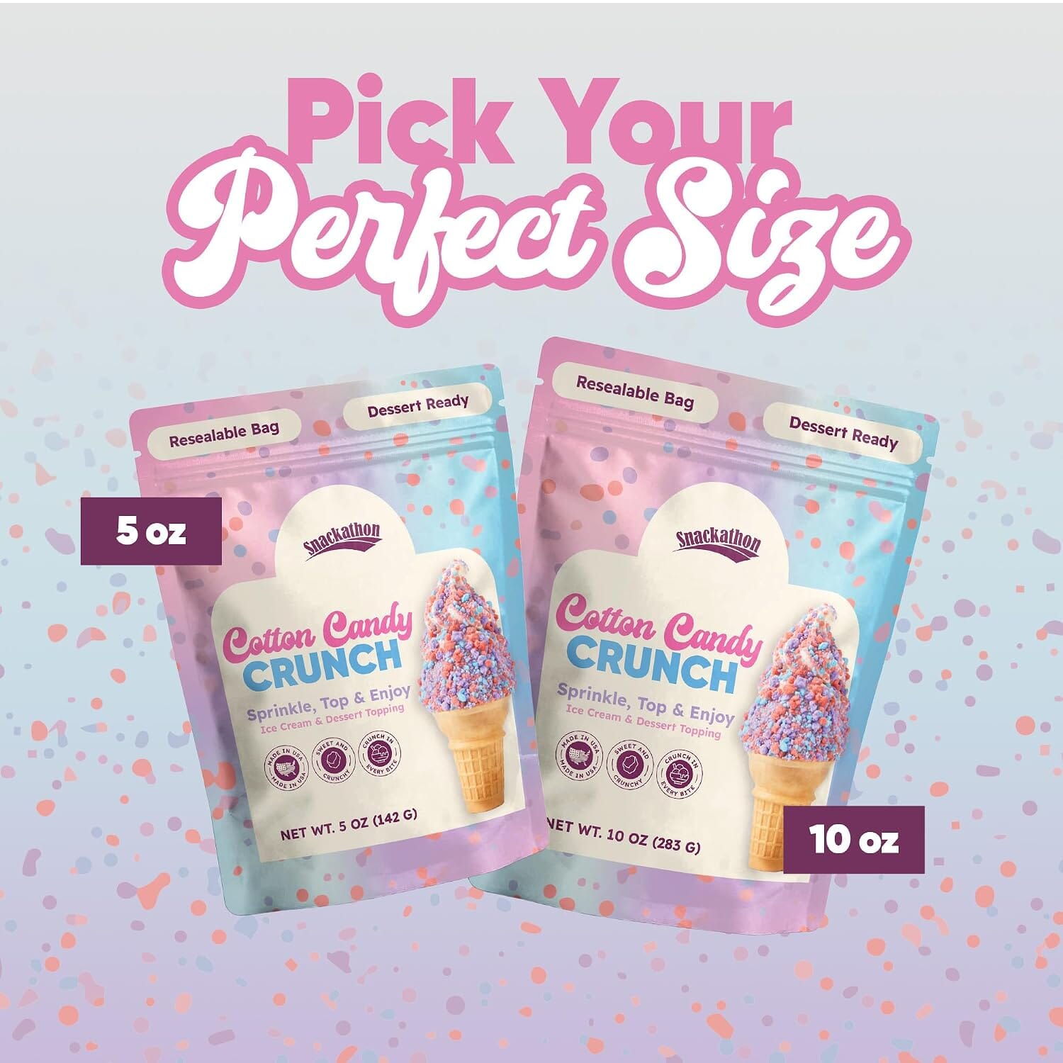 Snackathon Cotton Candy Crunch, 5 oz, Ice Cream Dessert Topping Sprinkles, Crunchy Cotton Candy Flavored Sprinkles, Colorful Crumble Bits for Ice Cream, Frozen Yogurt, Desserts & Cupcakes, Made in USA Snackathon 
