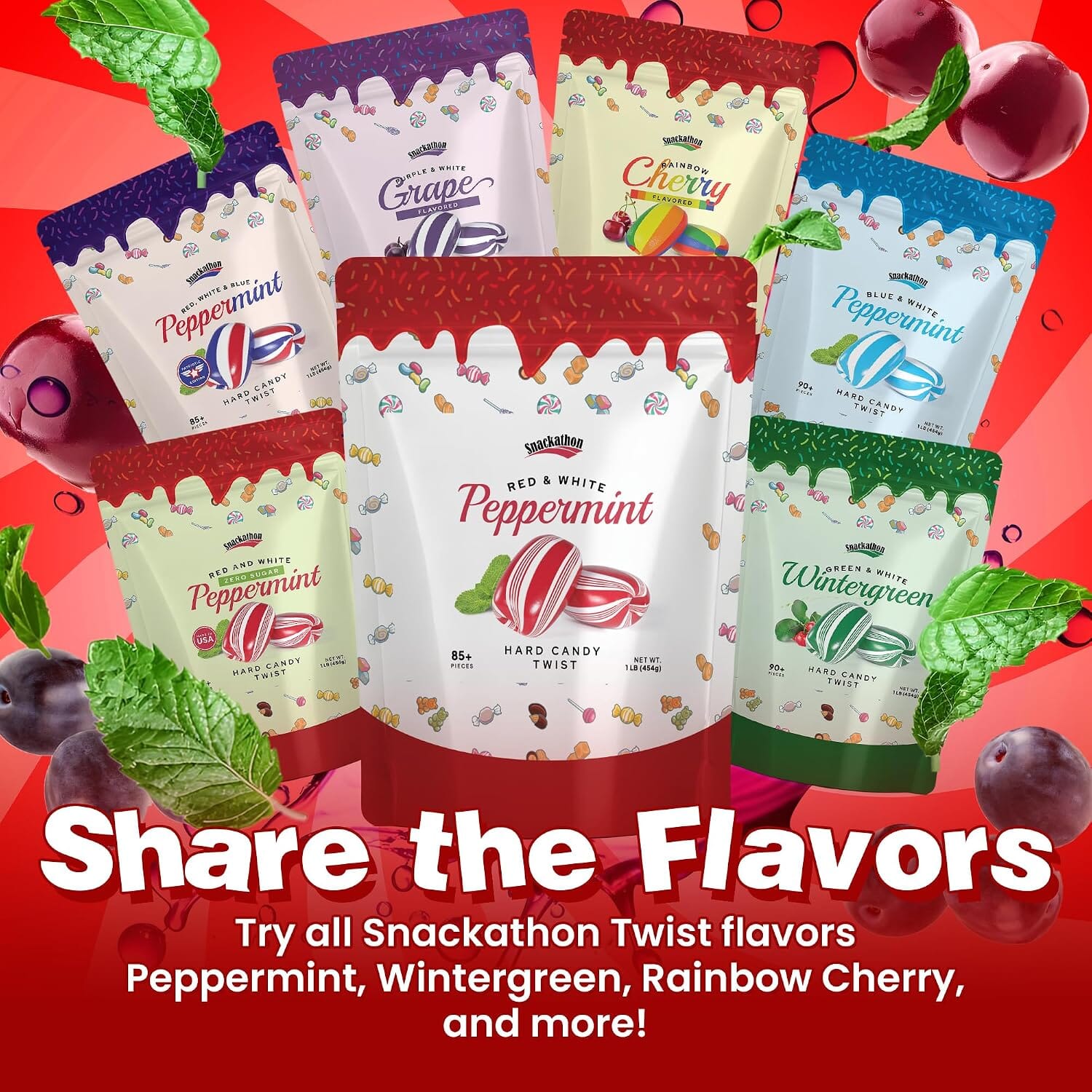 Snackathon Cylinder-Shaped Twists Hard Candy, Bulk Individually Wrapped, Classic Red & White Peppermint Twists, 1 Pound Snackathon 