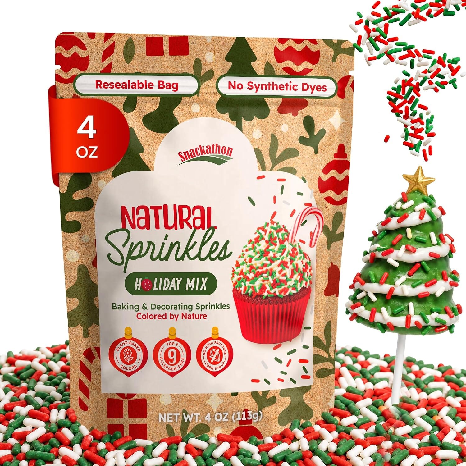 Snackathon Dye Free Christmas Sprinkles, Natural Holiday Jimmies No Artificial Dyes or Flavors, Vegan & Gluten Free, Bulk Red, Green & White Jimmies Mix for Decorating, Baking & Topping Snackathon Natural Christmas 4 Ounce 