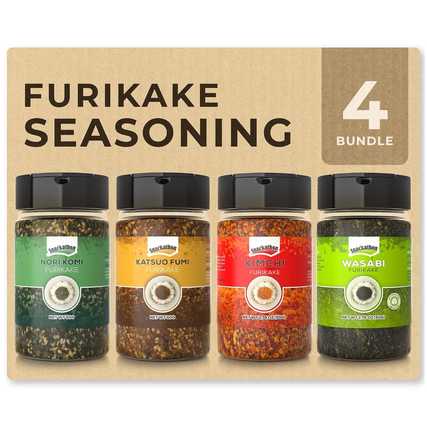 Snackathon Furikake Rice Seasoning, 4 Flavor Bundle, 1.76 oz (Pack of 4) | Nori Komi, Katsuo Fumi, Kimchi & Wasabi Variety, Japanese Furikake Toppings For Fried Rice, Ramen, Onigiri Rice Balls & More Snackathon 4 Flavor Variety 1.76 Ounce (Pack of 4) 