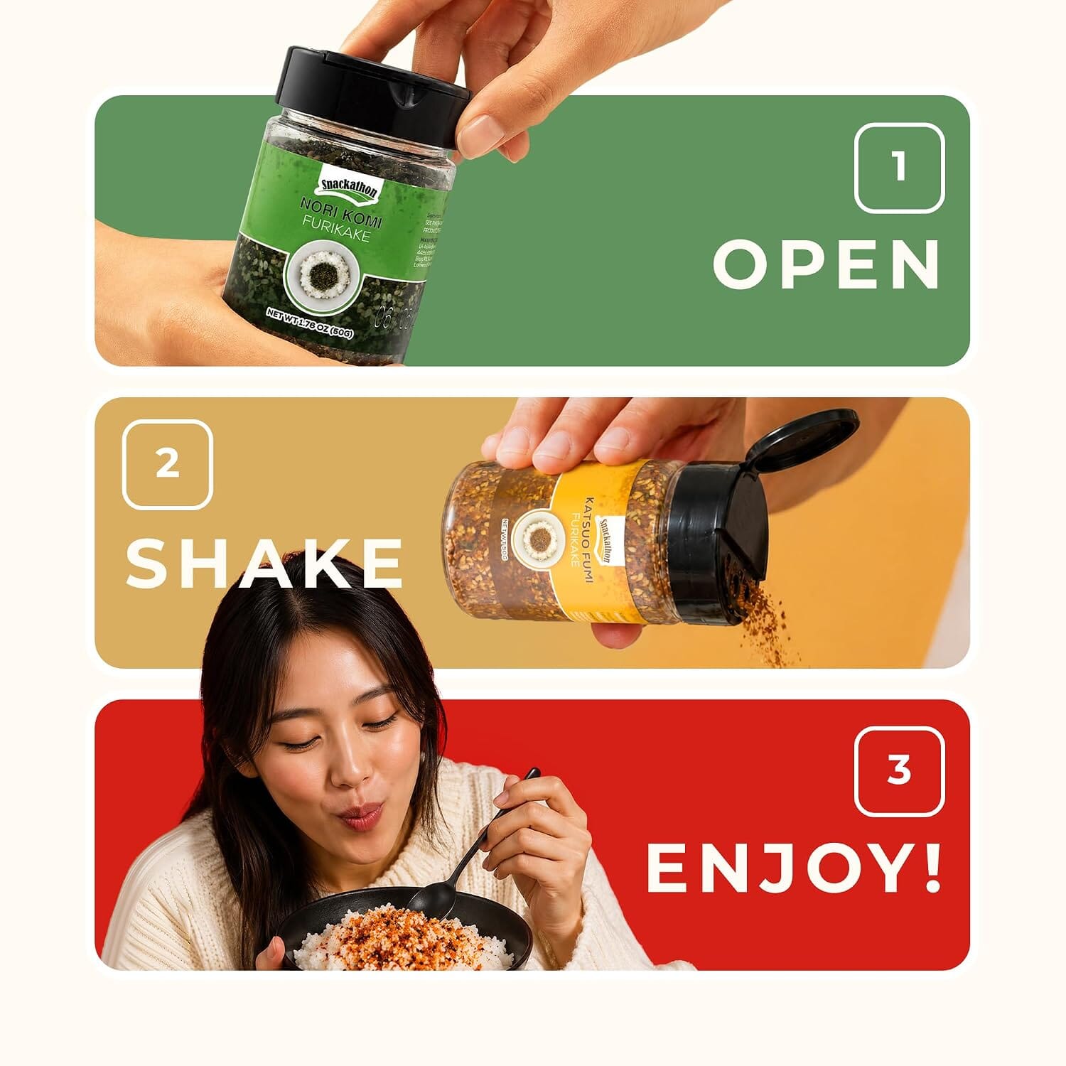 Snackathon Furikake Rice Seasoning 4 Variety Pack, Nori Komi, Katsuo Fumi, Kimchi & Wasabi Flavors Snackathon 