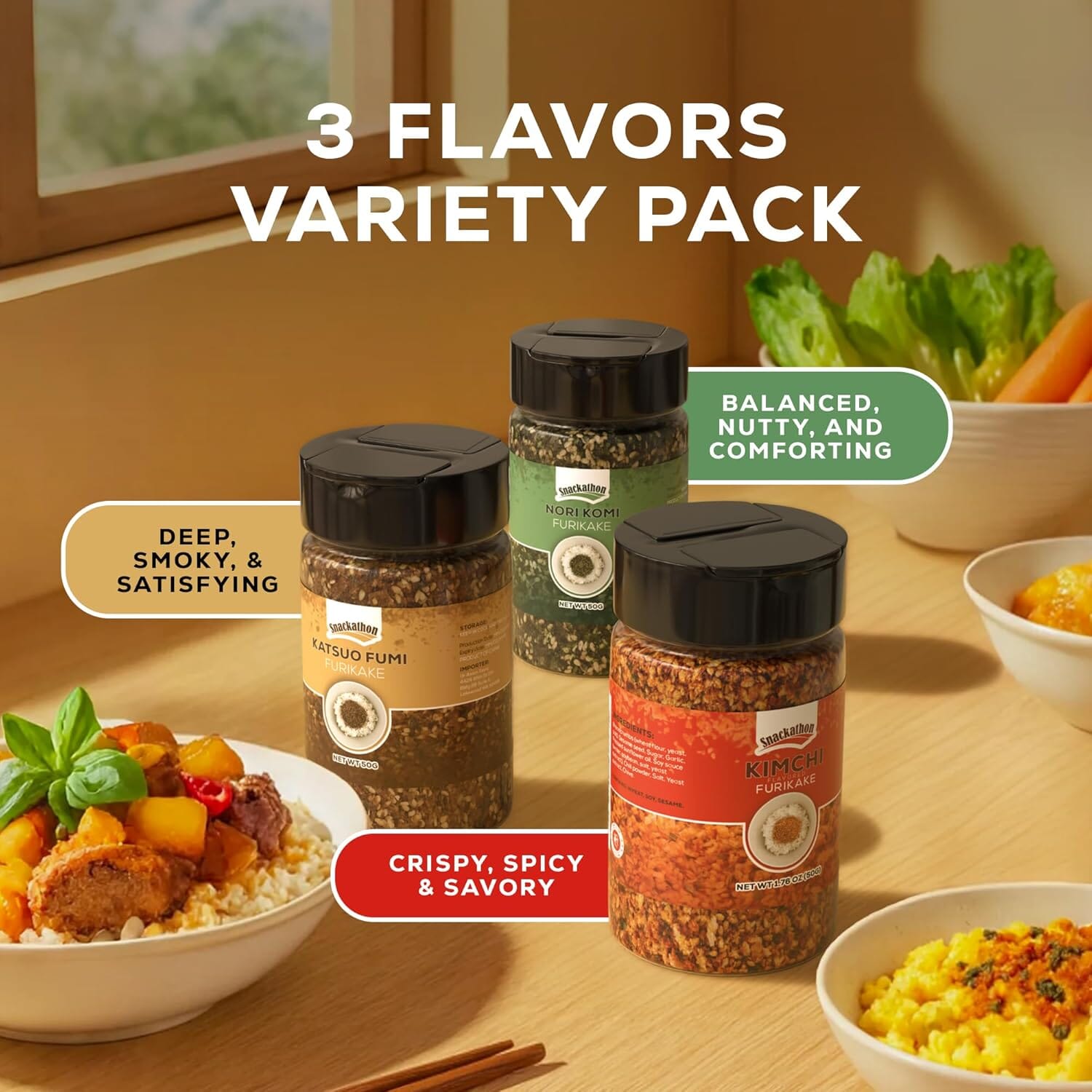 Snackathon Furikake Rice Seasoning Bundle – 3 Flavors (Nori Komi, Katsuo Fumi, Kimchi) | Japanese Seasoning Set, 1.76 oz Jars (Pack of 3) Snackathon Foods 