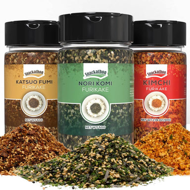 Snackathon Furikake Rice Seasoning Bundle – 3 Flavors (Nori Komi, Katsuo Fumi, Kimchi) | Japanese Seasoning Set, 1.76 oz Jars (Pack of 3) Snackathon Foods 
