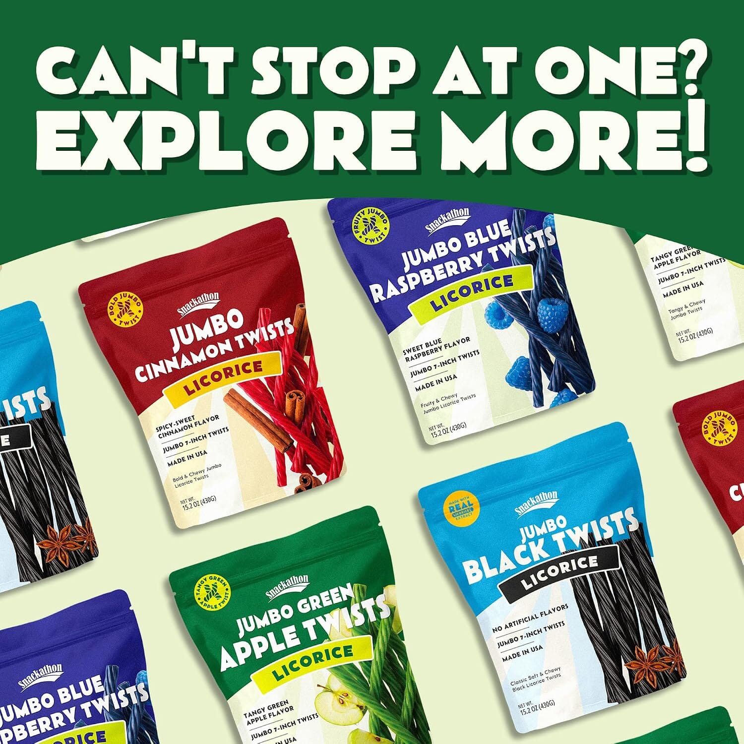 Snackathon Green Apple Licorice Twists, 15.2 oz, Jumbo Chewy Licorice Candy, 7-inch Big Licorice Sticks, Fruity Green Apple Flavor, Old Fashioned Fruit Twists, Made in USA, Resealable Bag Snackathon 