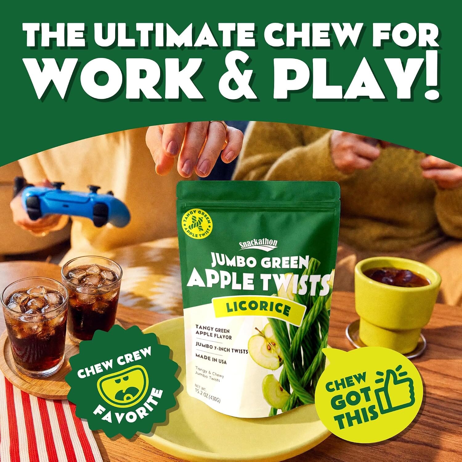 Snackathon Green Apple Licorice Twists, 15.2 oz, Jumbo Chewy Licorice Sticks Snackathon 