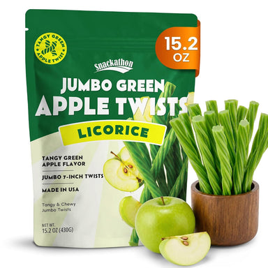 Snackathon Green Apple Licorice Twists, 15.2 oz, Jumbo Chewy Licorice Sticks Snackathon Jumbo Green Apple 15.2 Ounce 