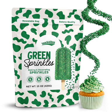 Snackathon Green Sprinkles, 15 oz, Festive Jimmies for Baking & Decorating, Vibrant Green Sprinkle Jimmies in Resealable Bag, Gluten Free, For Ice Cream Toppings, Cakes, Baking & Desserts Snackathon Green Sprinkles 15 Ounce 