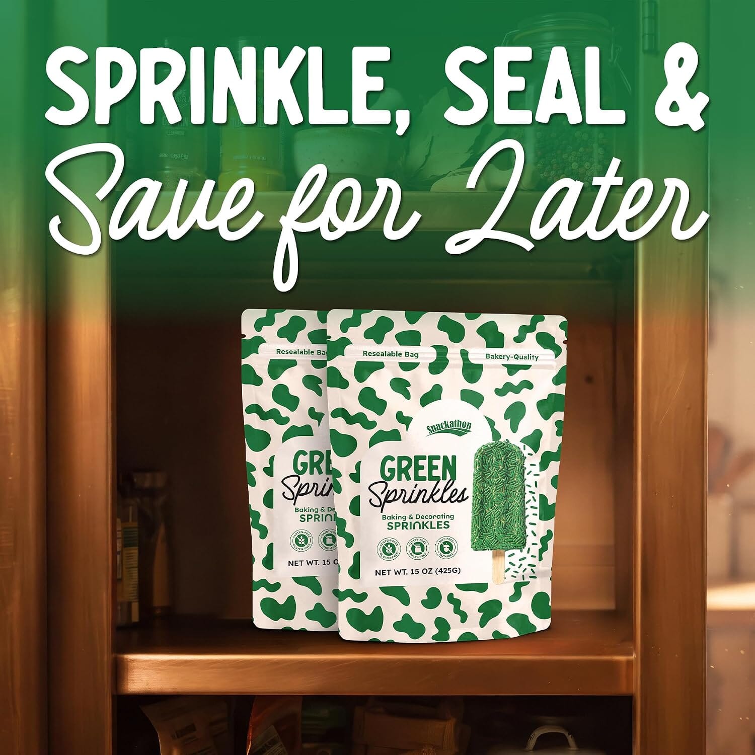 Snackathon Green Sprinkles, 15 oz, Festive Jimmies for Baking & Decorating, Vibrant Green Sprinkle Jimmies in Resealable Bag, Gluten Free, For Ice Cream Toppings, Cakes, Baking & Desserts Snackathon 