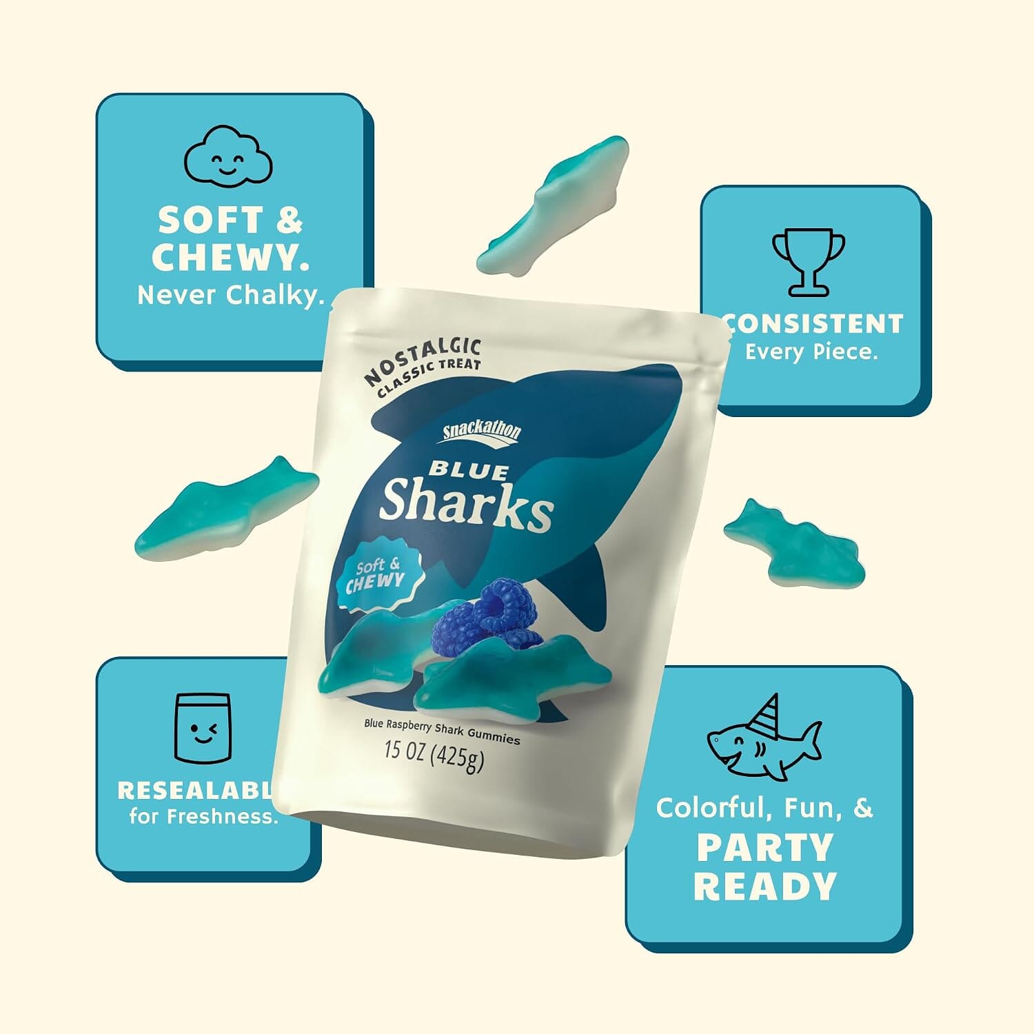 Snackathon Gummy Sharks Candy, Soft & Chewy Blue Raspberry Gummies Snackathon 