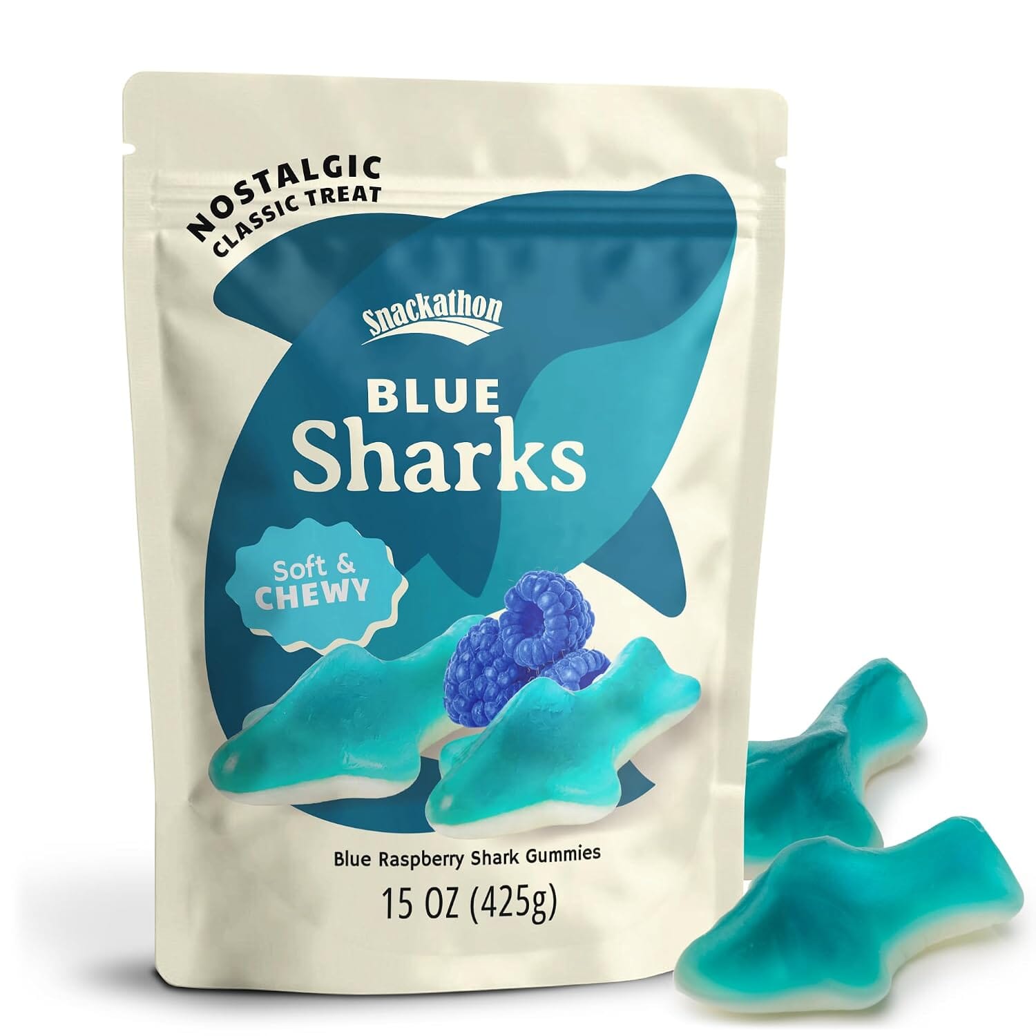 Snackathon Gummy Sharks Candy, Soft & Chewy Blue Raspberry Gummies Snackathon Blue Sharks 15 Ounce 