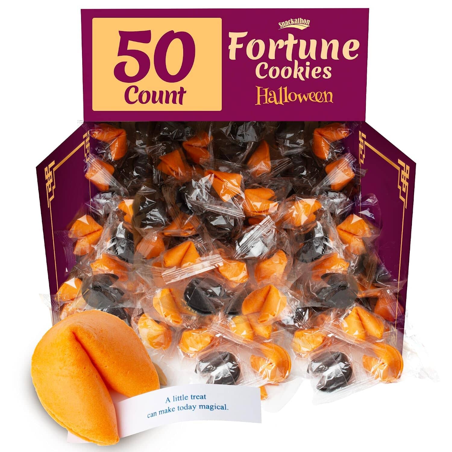 Snackathon Halloween Fortune Cookies, Individually Wrapped | Orange & Black Chinese Fortune Cookies, Sweet Vanilla Flavor, Halloween Party Ready, Fun for Trick-or-Treating & Fall Events Snackathon 