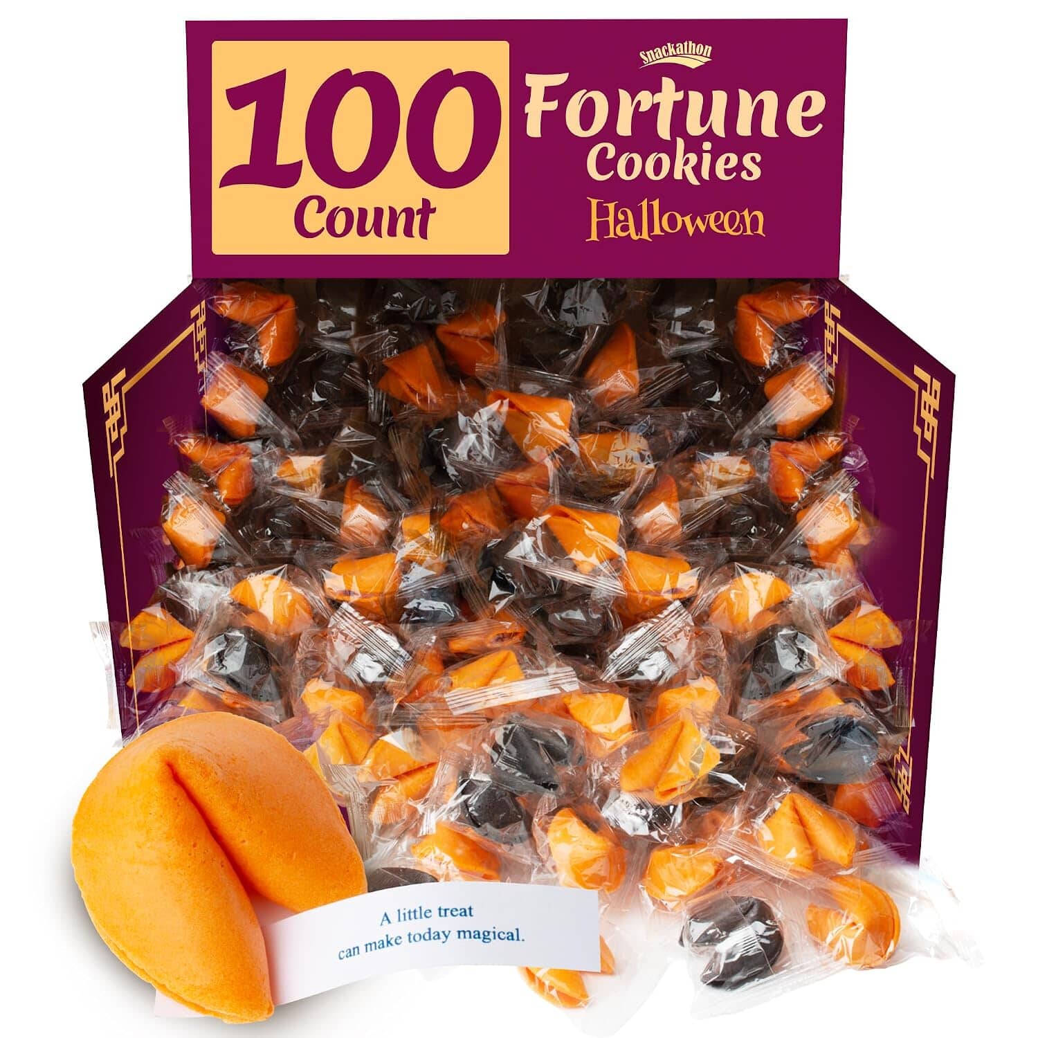 Snackathon Halloween Fortune Cookies, Individually Wrapped | Orange & Black Chinese Fortune Cookies, Sweet Vanilla Flavor, Halloween Party Ready, Fun for Trick-or-Treating & Fall Events Snackathon 