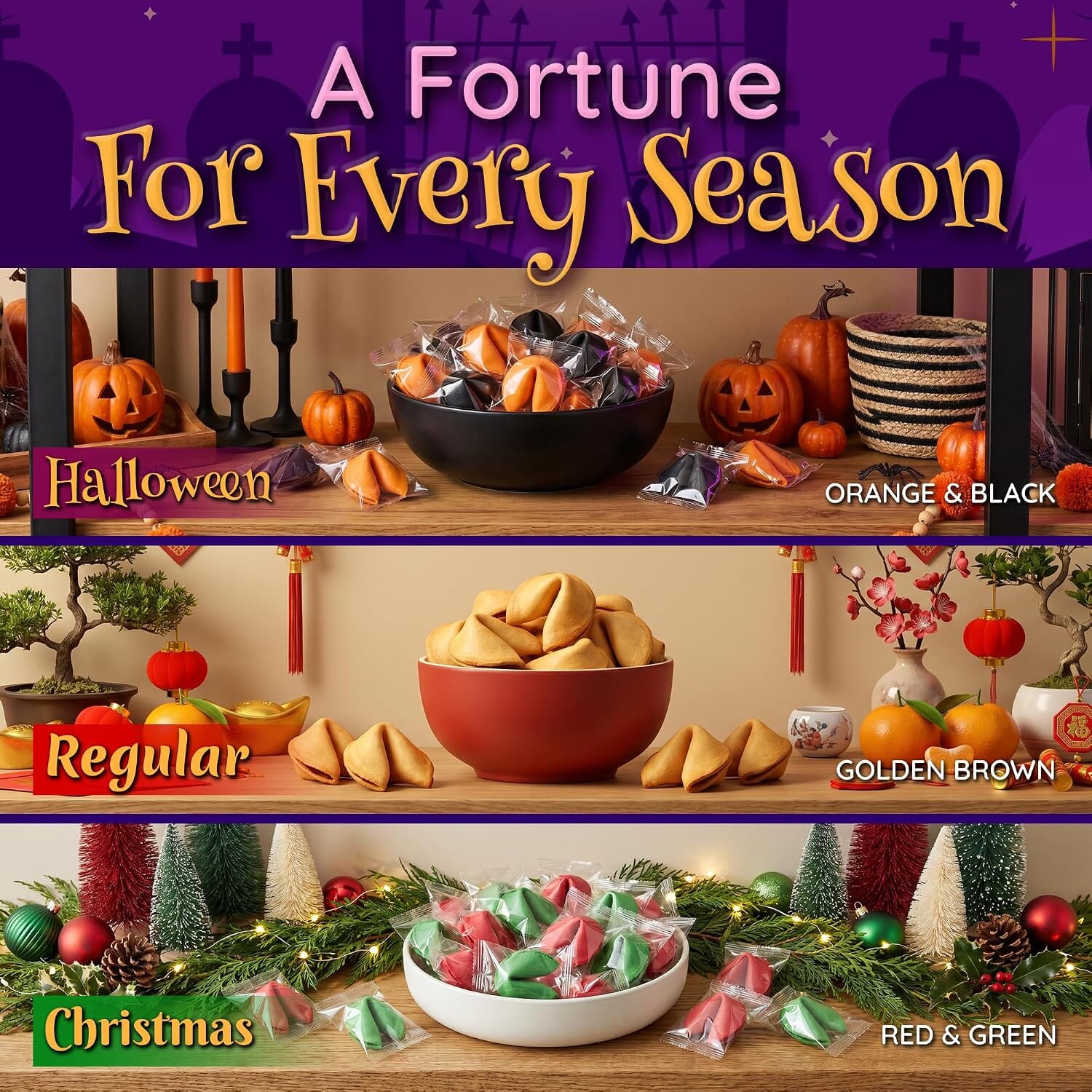 Snackathon Halloween Fortune Cookies, Individually Wrapped | Orange & Black Chinese Fortune Cookies, Sweet Vanilla Flavor, Halloween Party Ready, Fun for Trick-or-Treating & Fall Events Snackathon 