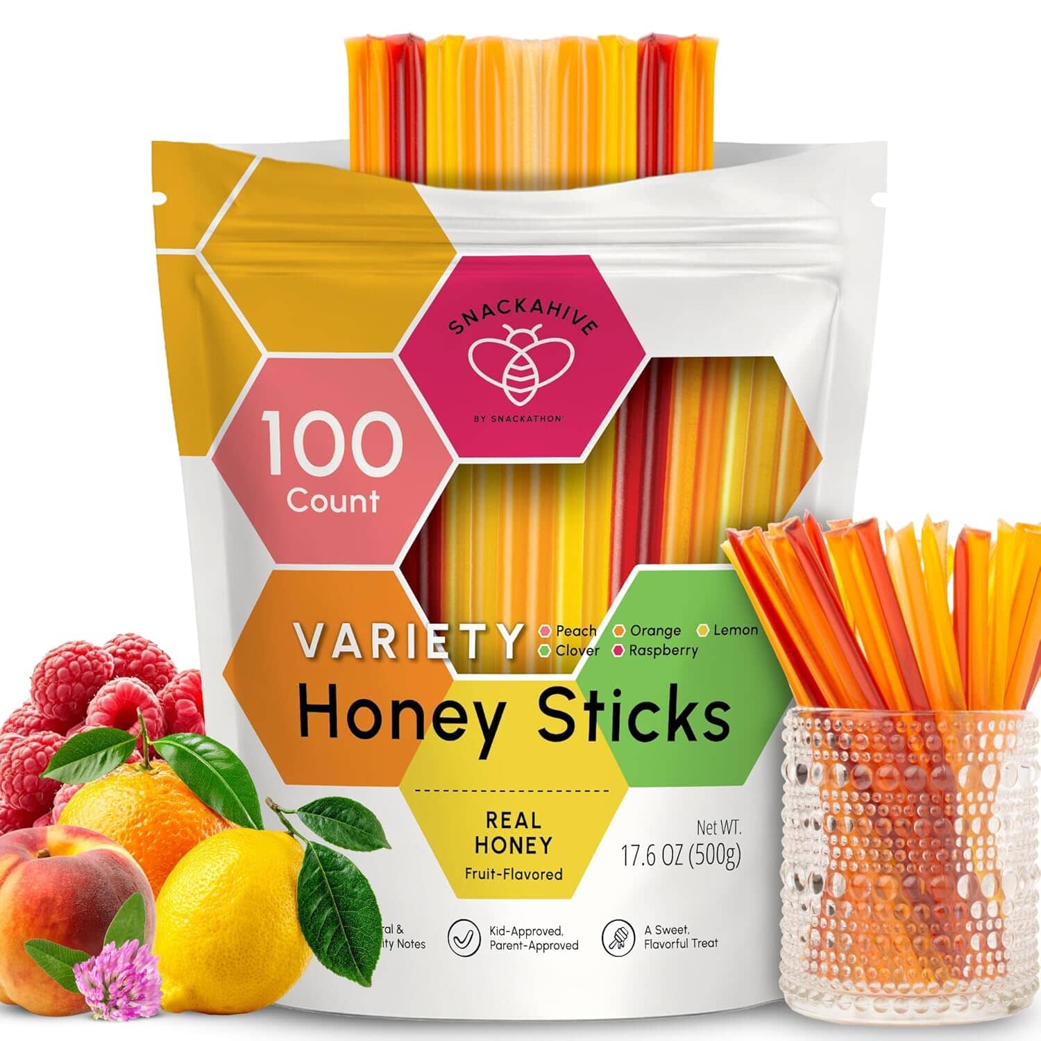 Snackathon Honey Sticks Variety Pack, Fruit-Flavored Honey Straws Snackathon 5 Fruity Flavors 100 Count (500g) 