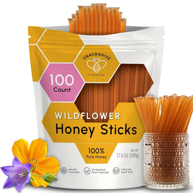 Snackathon Honey Sticks, Wildflower Blossom Pure Honey Bulk, Made in USA Snackathon Foods 100 