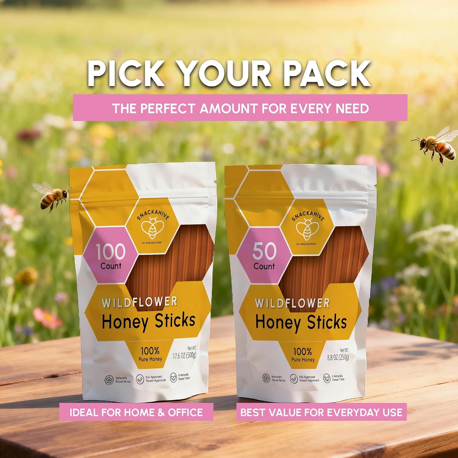 Snackathon Honey Sticks, Wildflower Blossom Pure Honey Bulk, Made in USA Snackathon Foods 