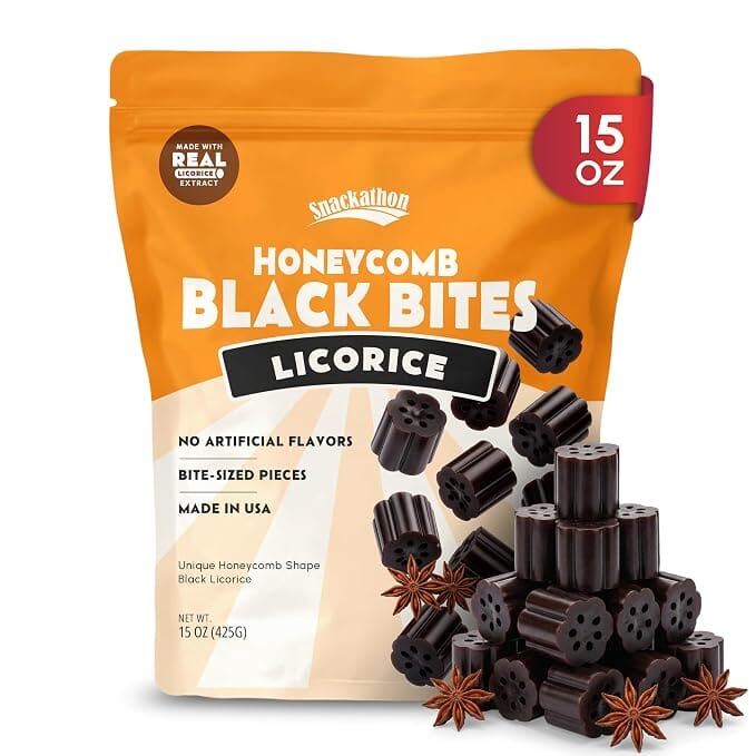 Snackathon Honeycomb Black Licorice Bites, Chewy Black Licorice Nibs Snackathon Black Licorice 15 Ounce 