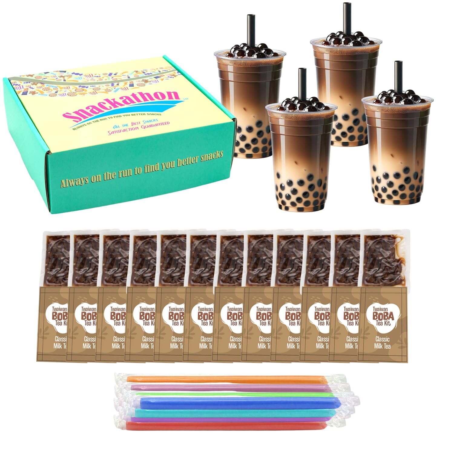 Snackathon Instant Boba Bubble Pearl Milk Tea Kit with Authentic Brown Sugar Tapioca Boba, Ready in Under One Minute, Straws Included Snackathon Classic 12 Servings 