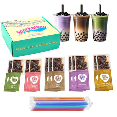Snackathon Instant Boba Bubble Pearl Variety Milk Fruity Tea Kit (12 Servings, 5 Flavors), with Authentic Brown Sugar Caramel Tapioca Boba Pearls, Ready in Under One Minute, Straws Included - Gift Box Snackathon 5 Flavors 12 Servings 